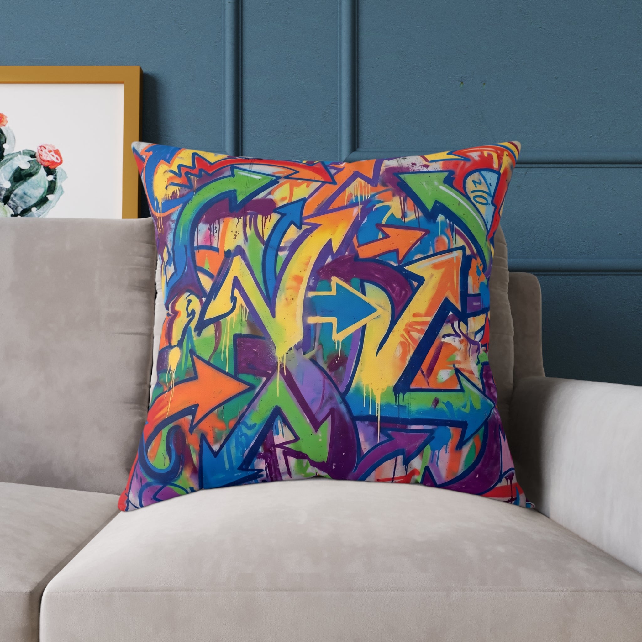 Graffiti Arrow Square Pillow — Colorful Urban Street Art Throw Pillow