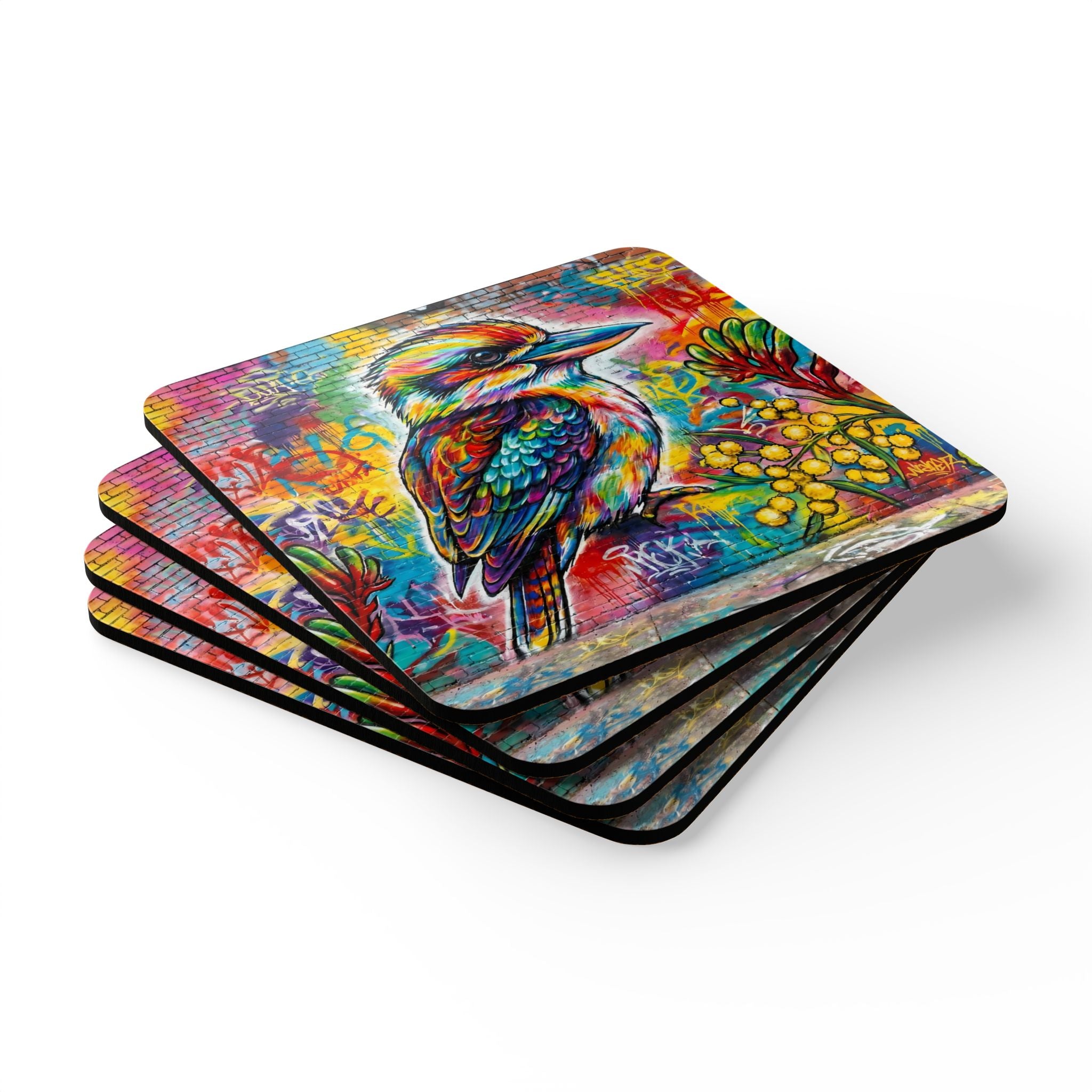 Vibrant Kookaburra Cork Coaster Set — Colorful Street Art Bird Drink Coasters (Set of 4)