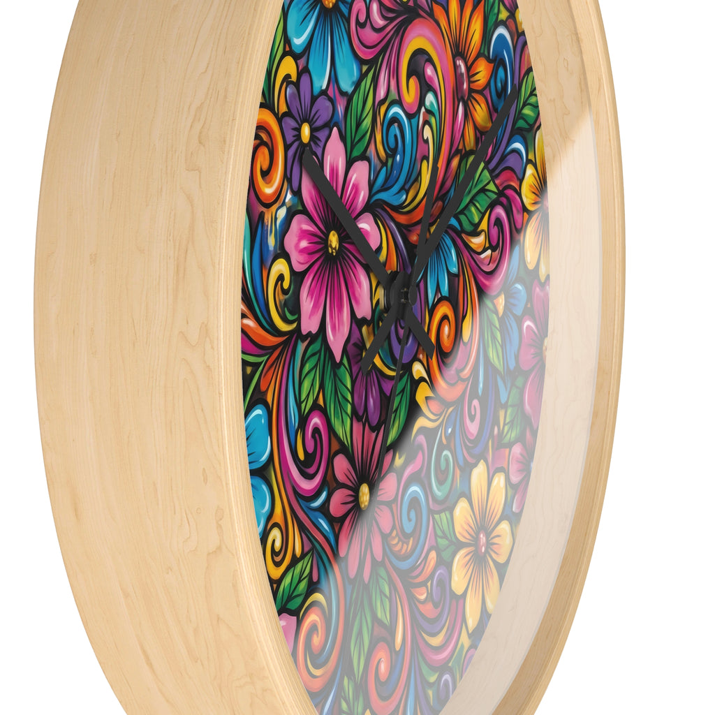 Colorful Floral Swirl Wall Clock — Vibrant Flower Art Timepiece