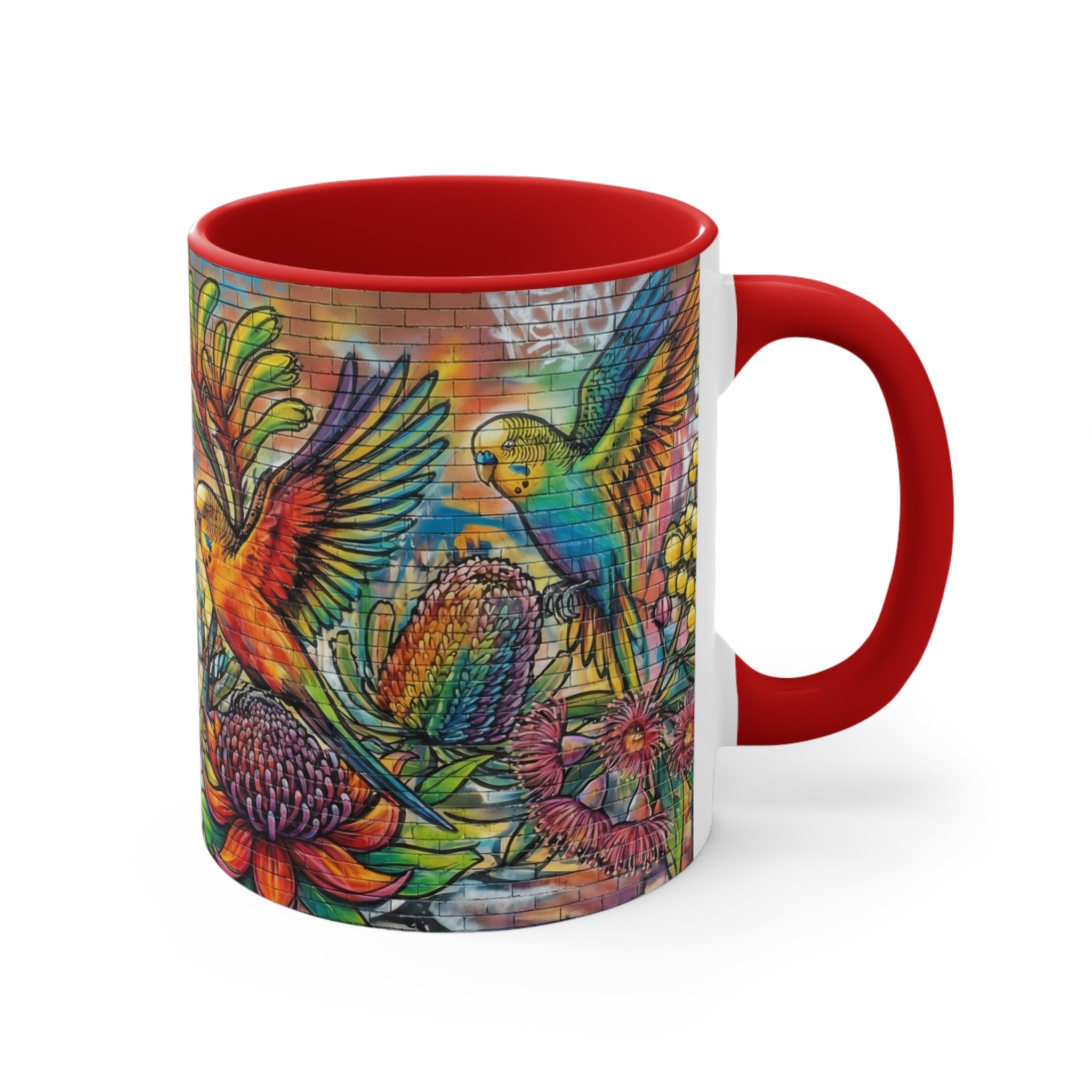 Colorful Budgerigar Floral Accent Mug — 11oz Ceramic Coffee Cup (Multiple Colours)