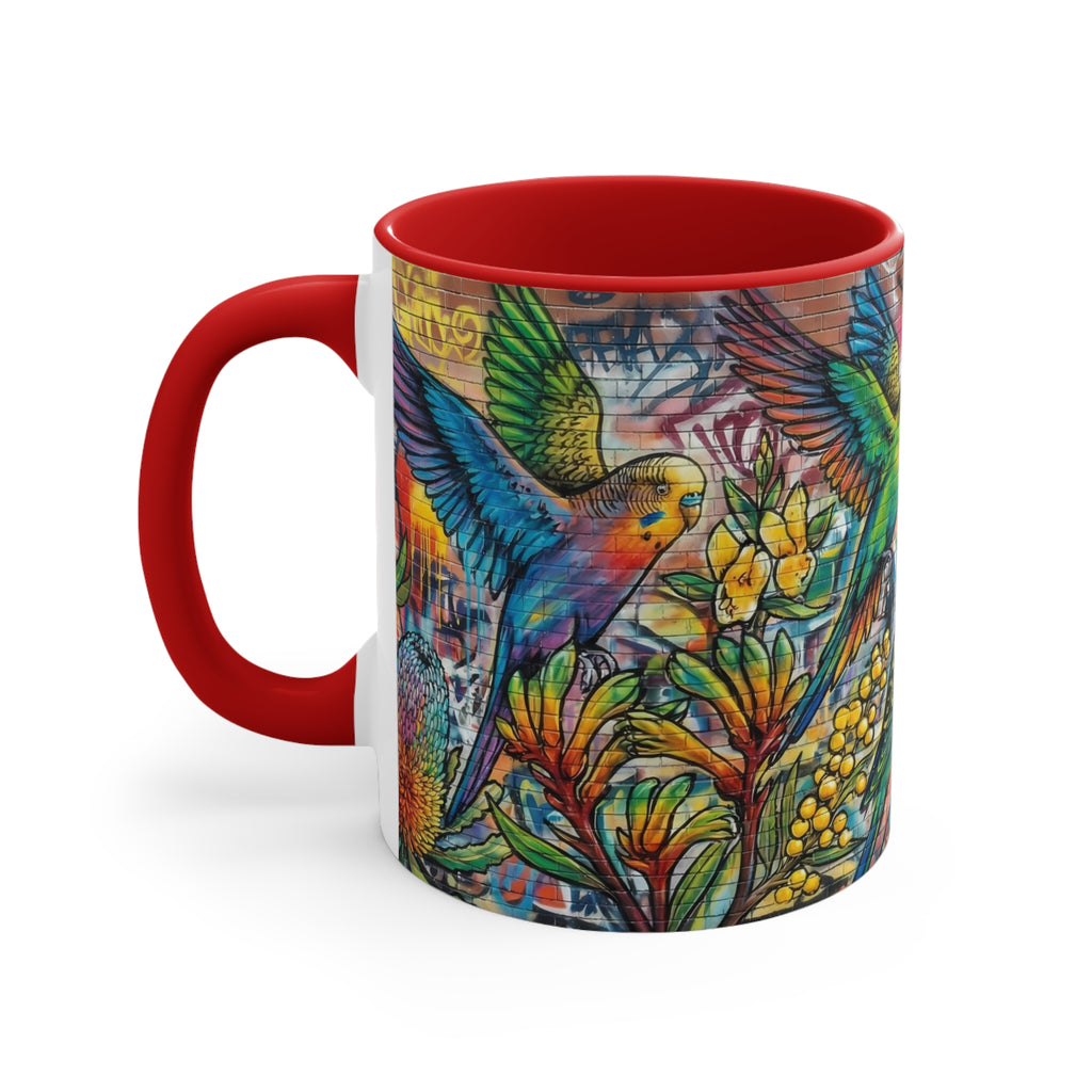 Colorful Budgerigar Floral Accent Mug — 11oz Ceramic Coffee Cup (Multiple Colours)