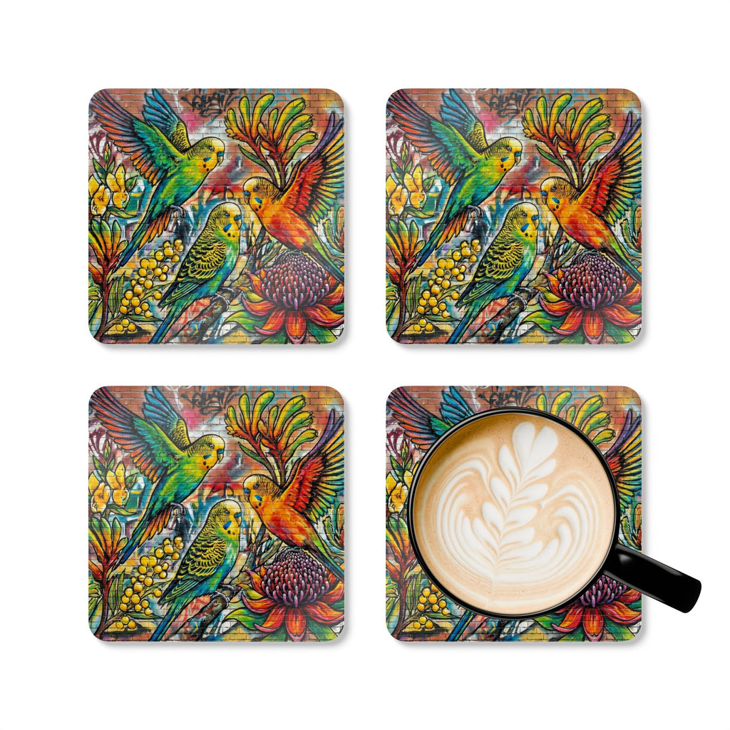 Budgerigar Bird Cork Coaster Set — Colorful Budgie Drink Coasters (Set of 4)
