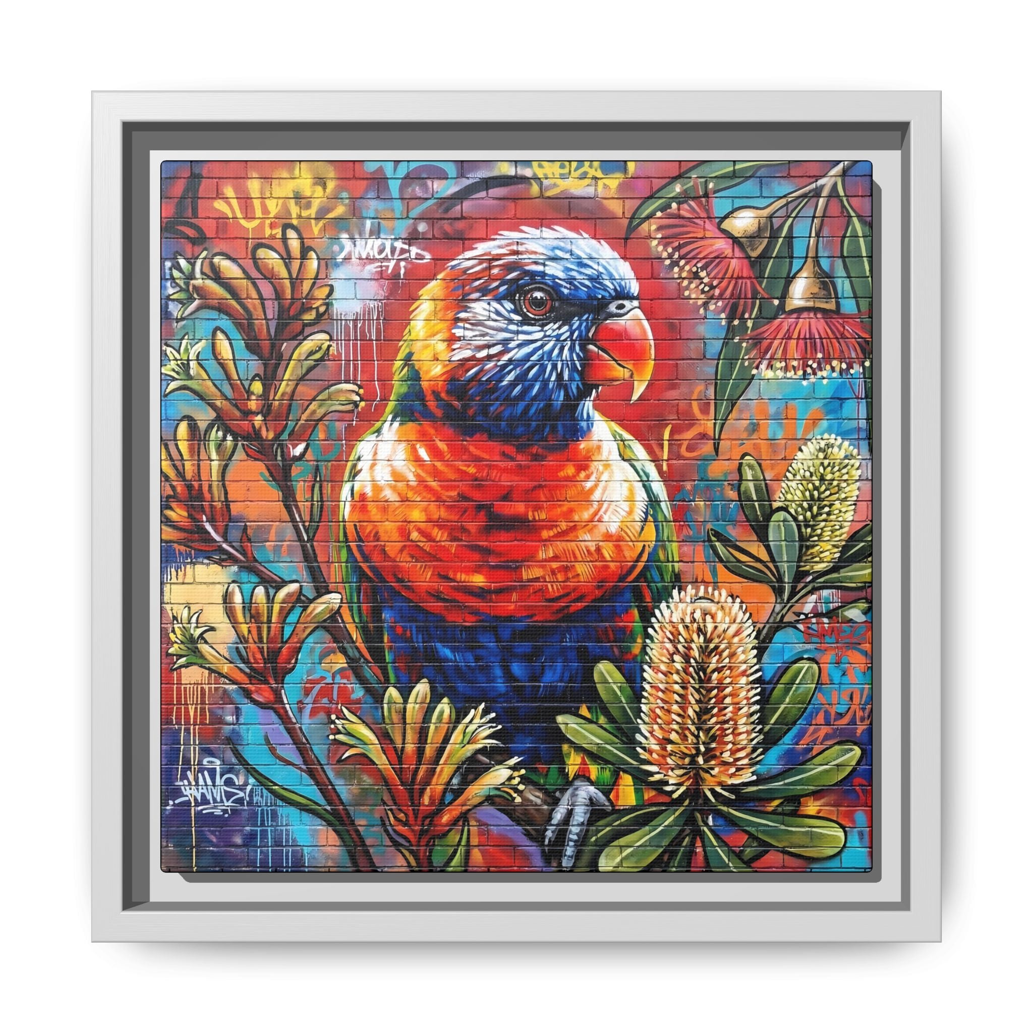 Rainbow Lorikeet Graffiti Canvas — Framed Matte Wall Art