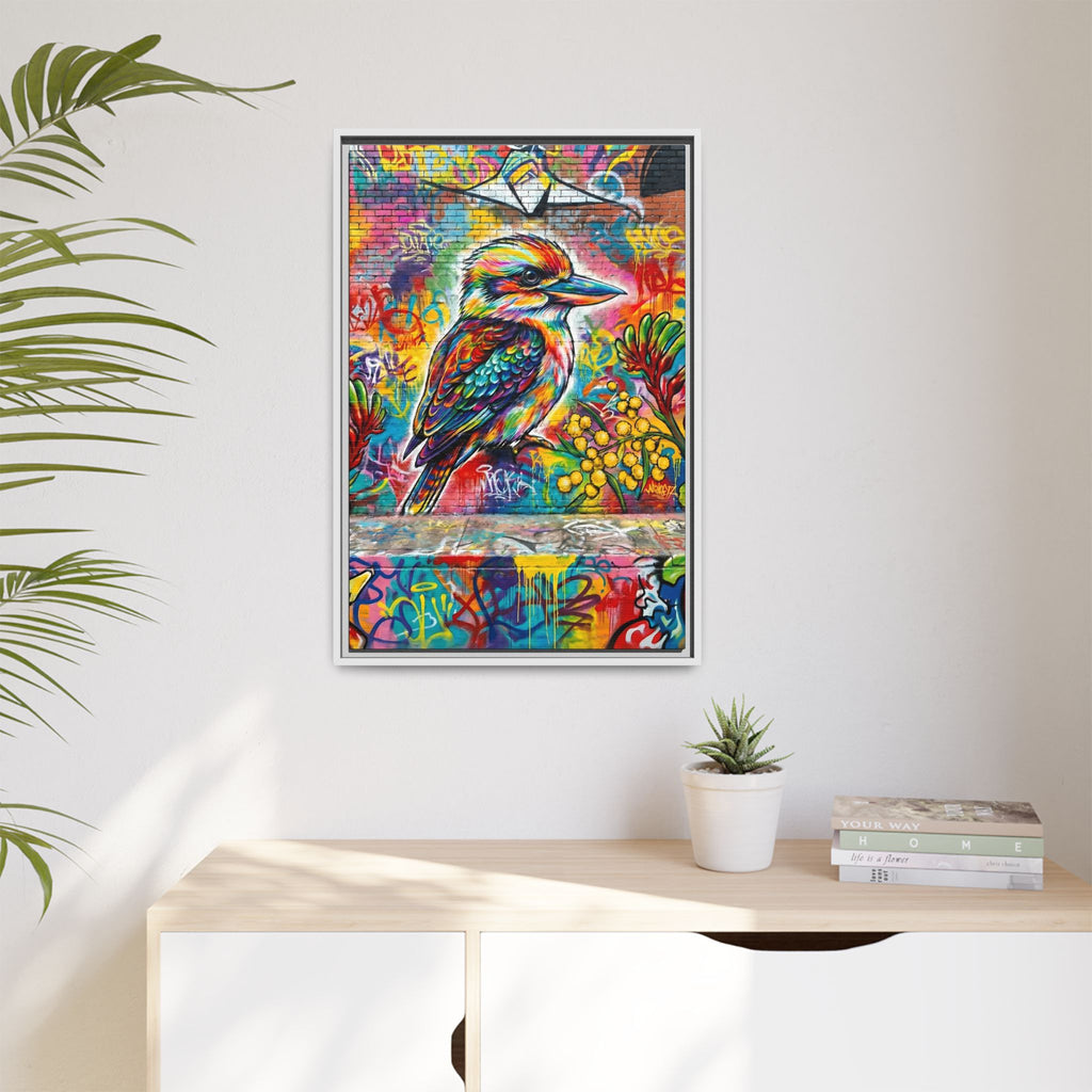 Kookaburra Graffiti Art Framed Matte Canvas | Colorful Urban Bird Print