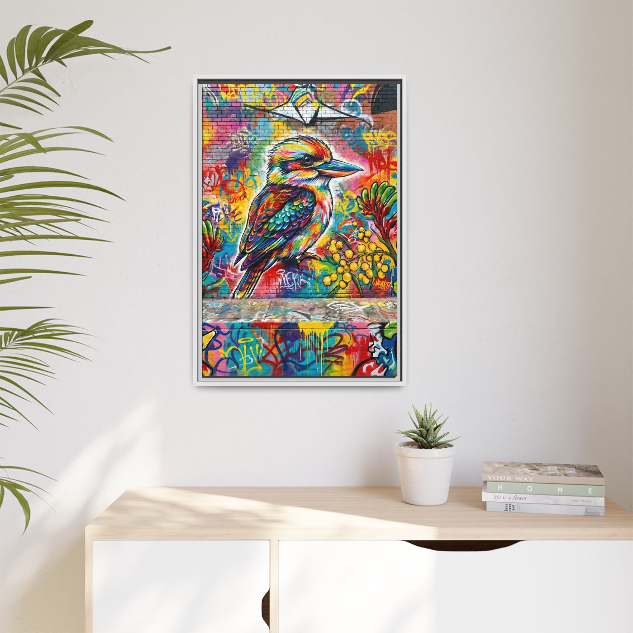 Kookaburra Graffiti Art Framed Matte Canvas | Colorful Urban Bird Print