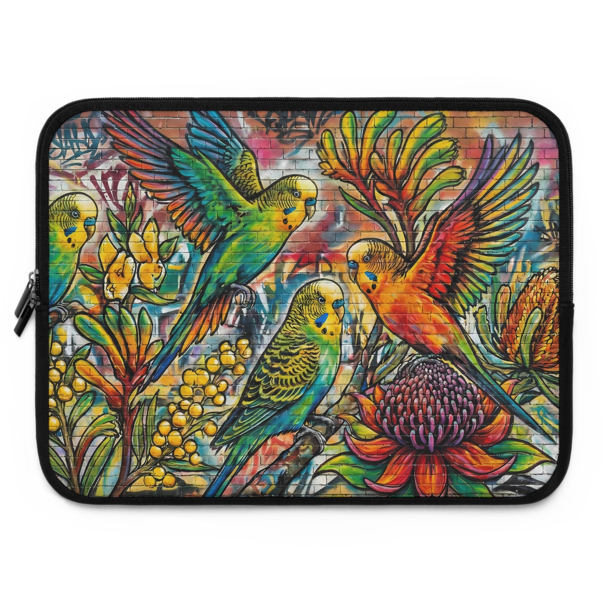 Colorful Budgie Wildflower Laptop Sleeve — Vibrant Bird Art Sleeve