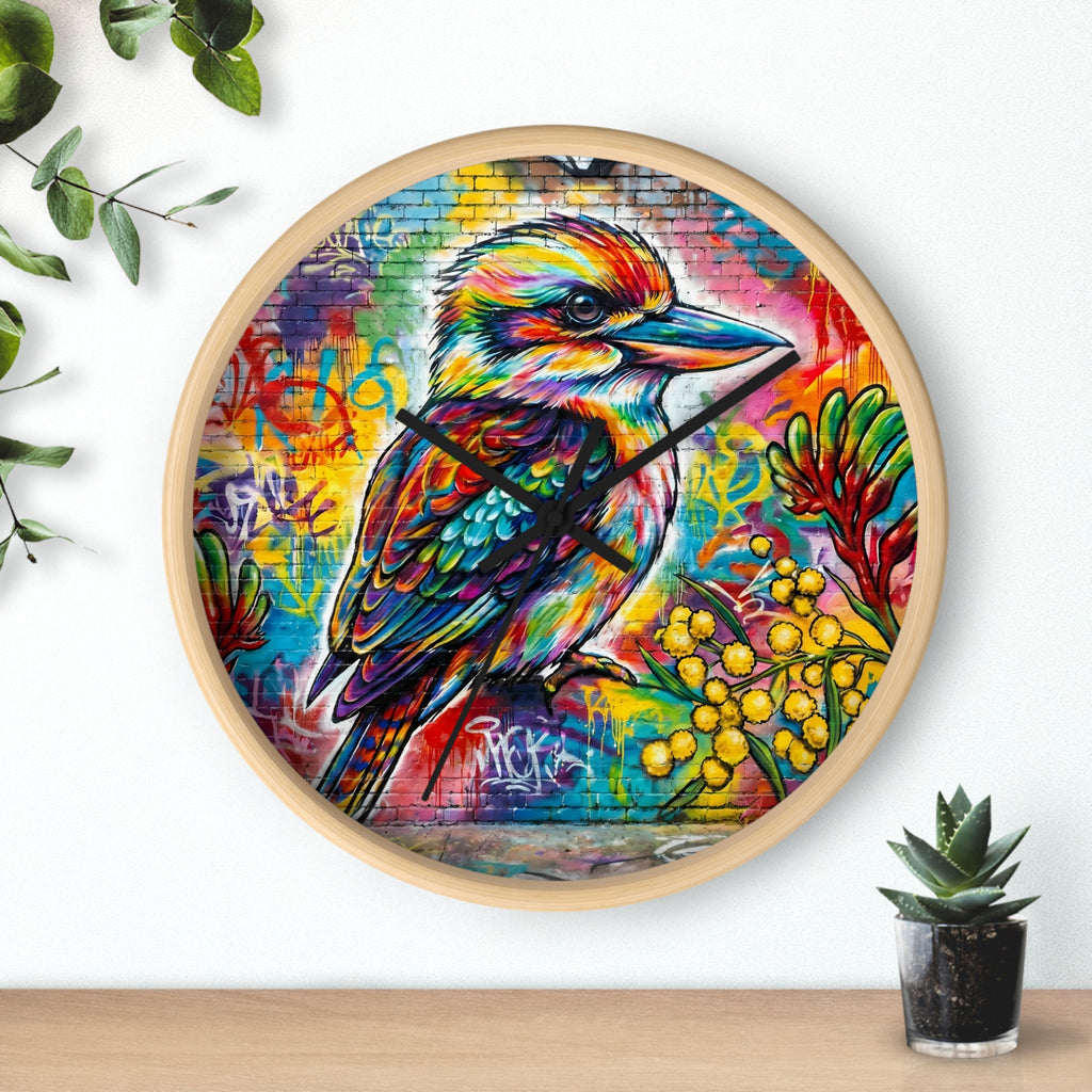 Colorful Kookaburra Wall Clock | Vibrant Bird Graffiti Art