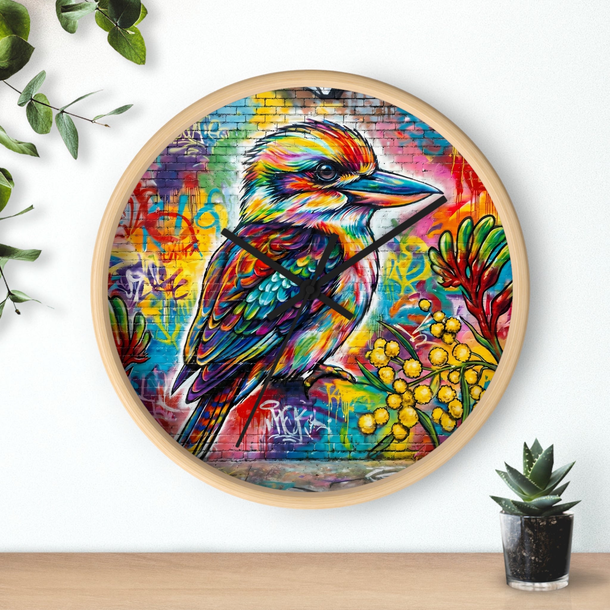 Colorful Kookaburra Wall Clock | Vibrant Bird Graffiti Art