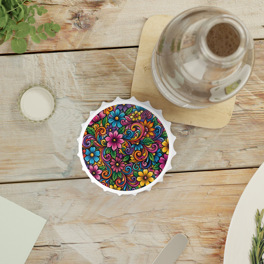 Vibrant Floral Bottle Opener — Colorful Floral Artwork Bar Tool