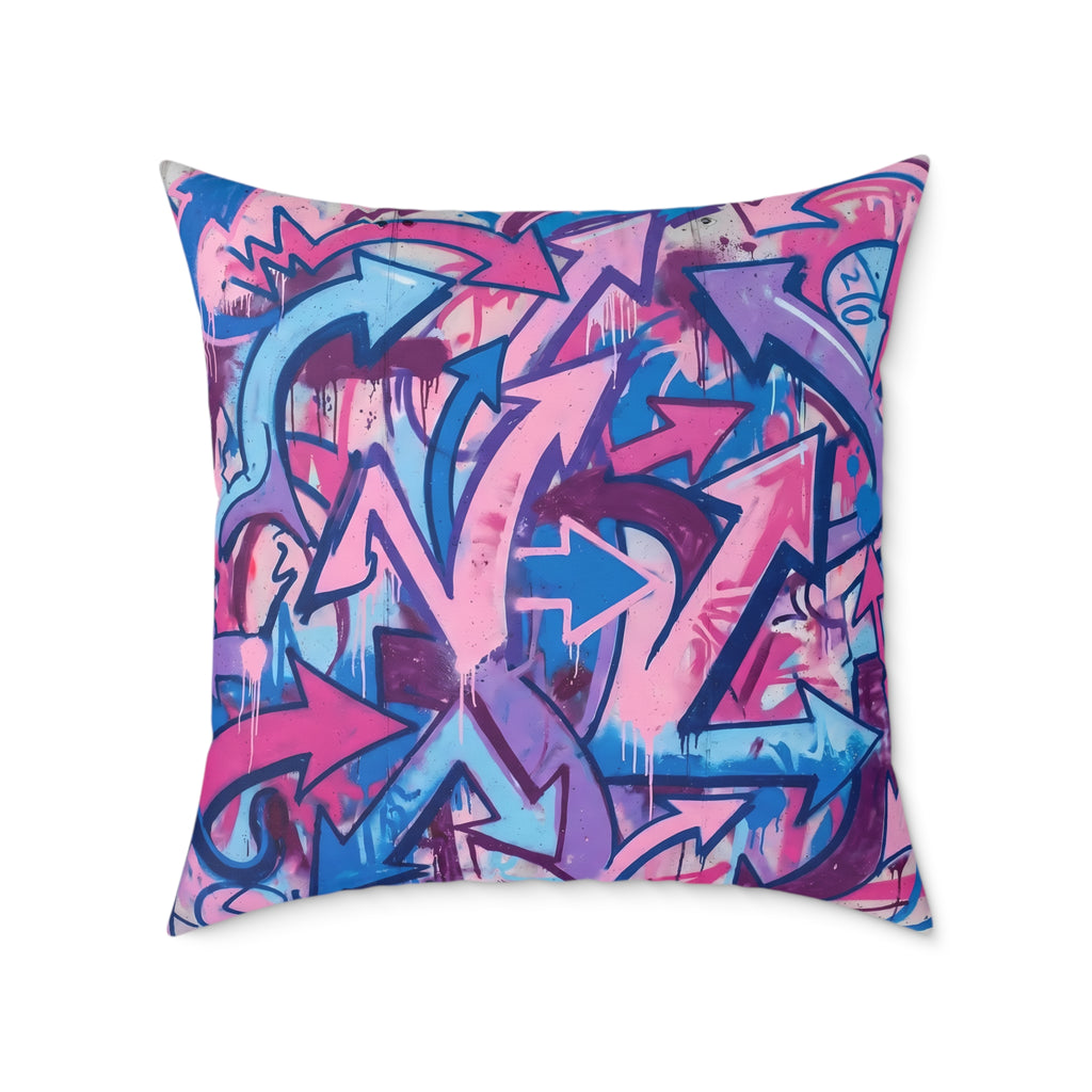 Graffiti Arrow Square Pillow — Pink & Blue Street Art Decorative Throw Pillow