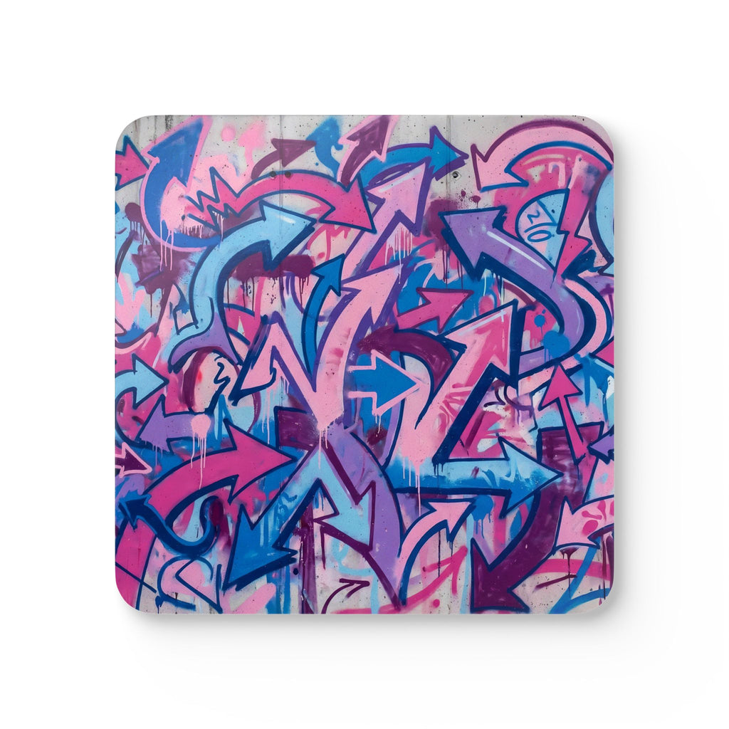Graffiti Arrow Cork Coaster Set — Vibrant Pink & Blue Urban Drink Coasters (Set of 4)