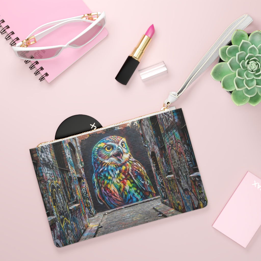 Colorful Owl Mural Clutch Bag | Street Art Graffiti Pouch