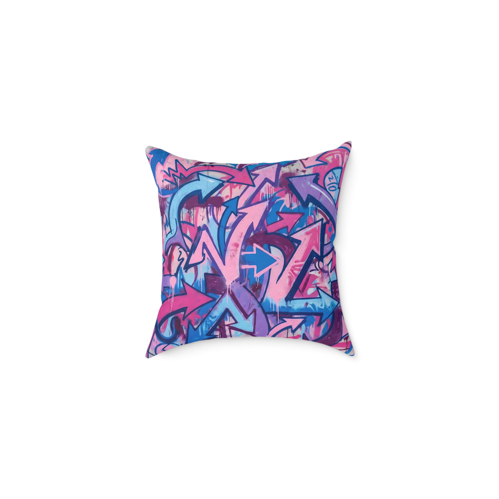 Graffiti Arrow Square Pillow — Pink & Blue Street Art Decorative Throw Pillow