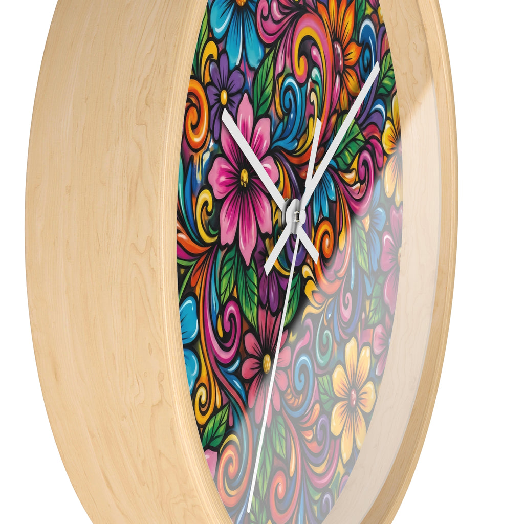 Colorful Floral Swirl Wall Clock — Vibrant Flower Art Timepiece