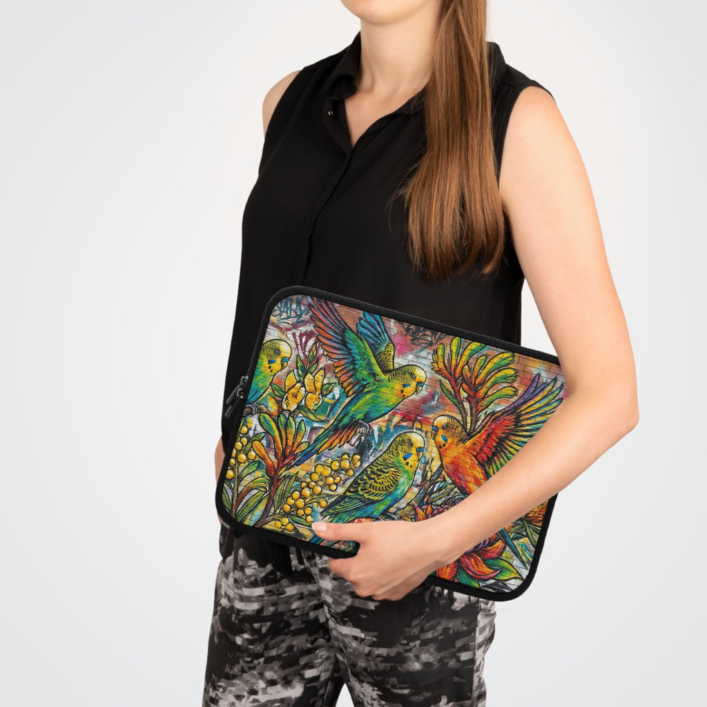 Colorful Budgie Wildflower Laptop Sleeve — Vibrant Bird Art Sleeve