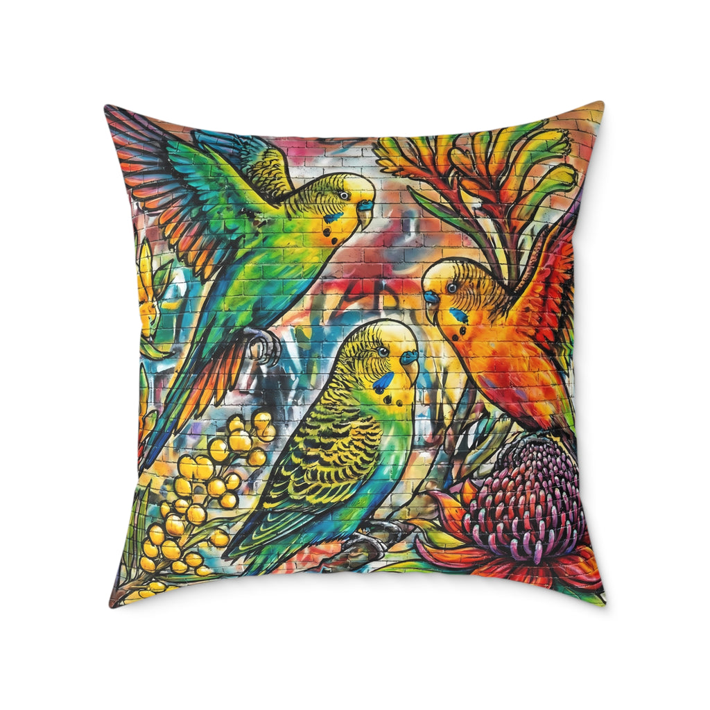 Graffiti Budgerigar Square Poly Canvas Pillow