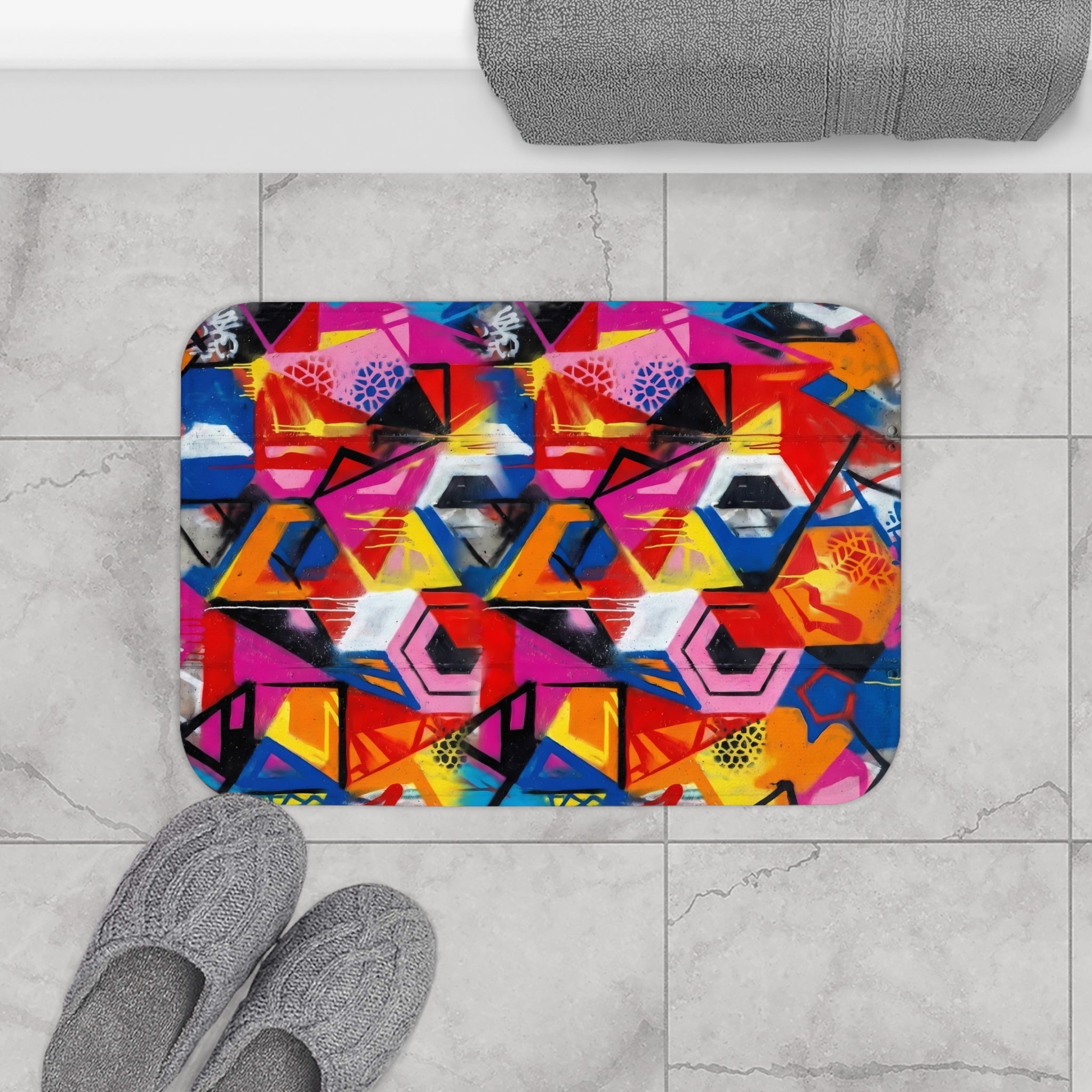 Graffiti Geometric Bath Mat — Colorful Urban Street Art Rug