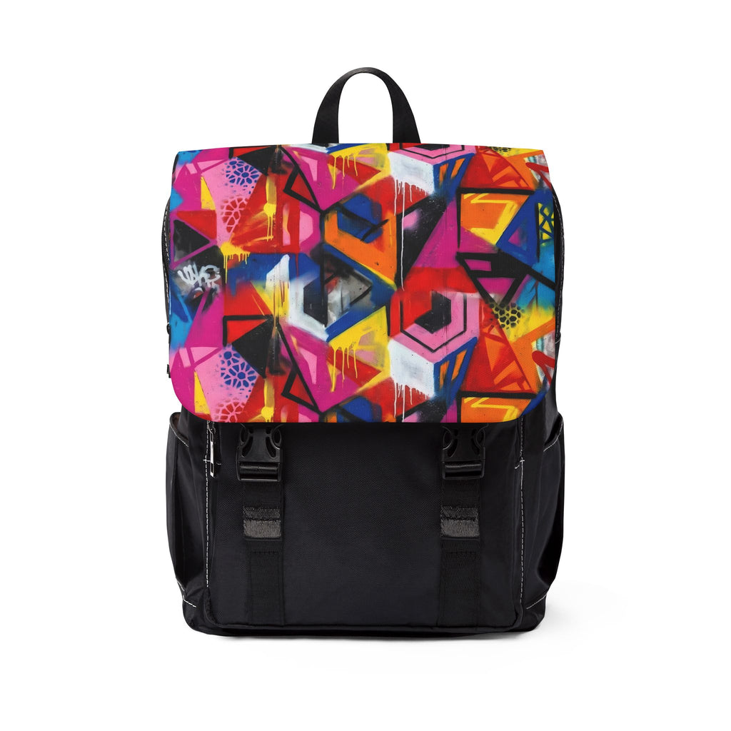 Graffiti Geo Print Backpack — Colorful Urban Shoulder Bag