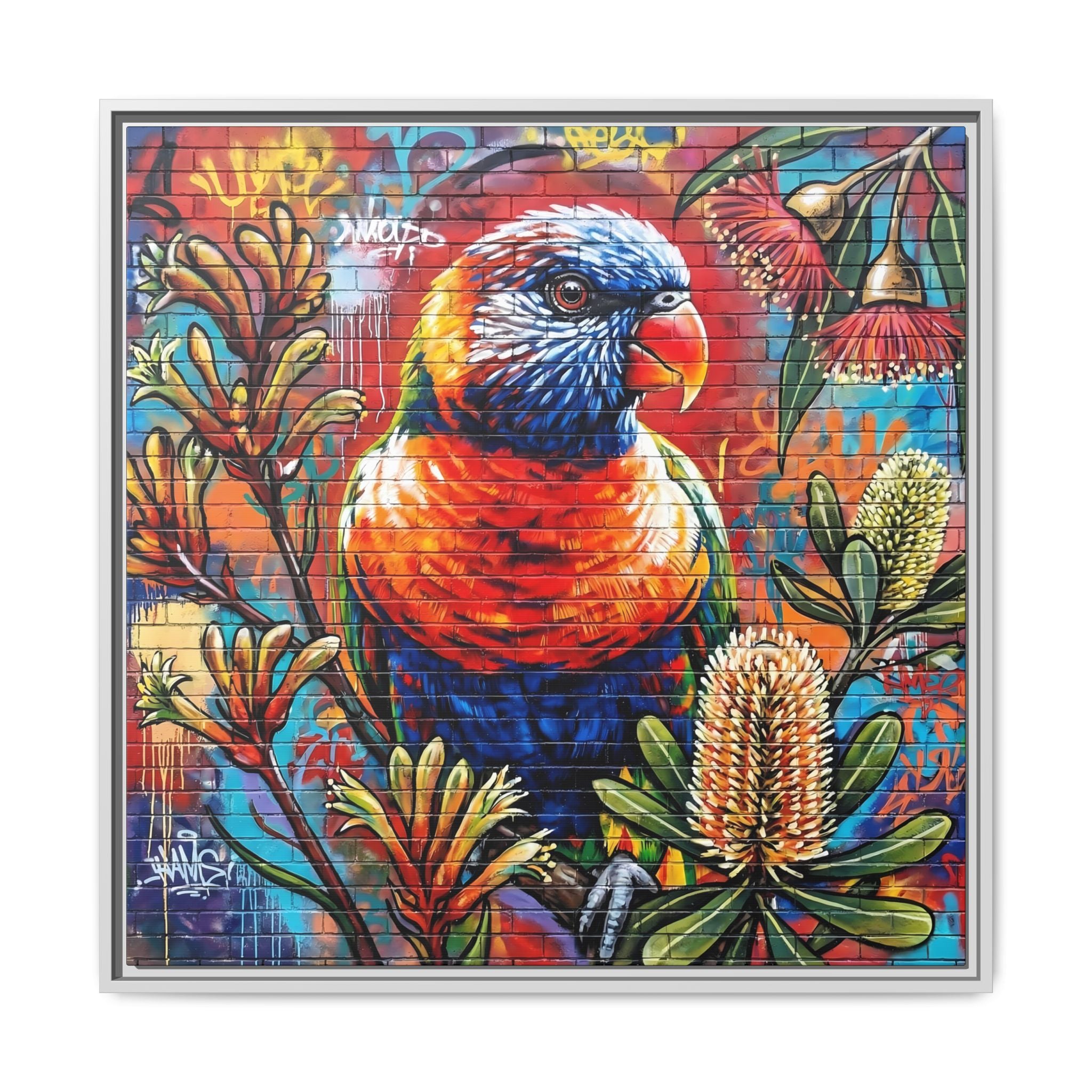 Rainbow Lorikeet Graffiti Canvas — Framed Matte Wall Art