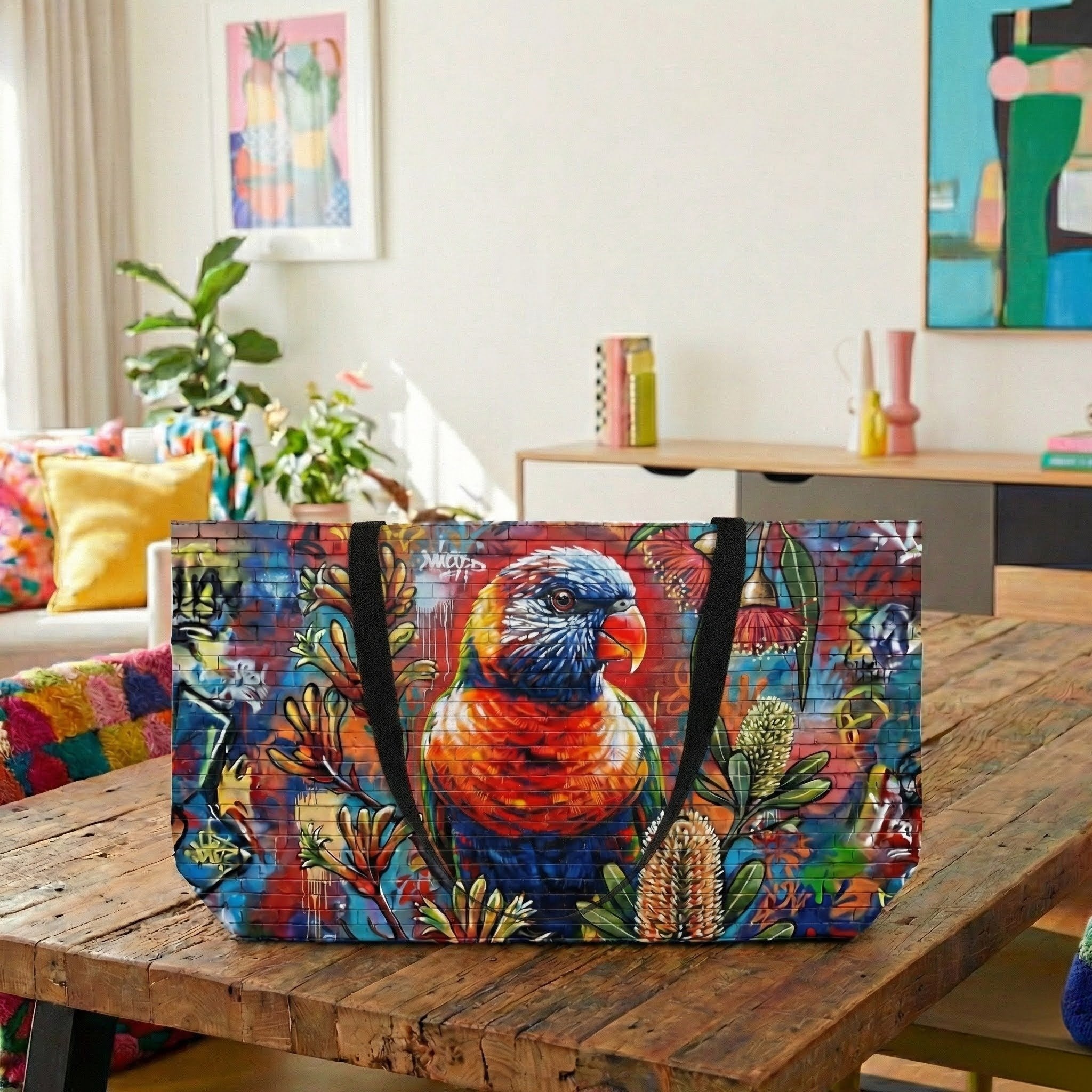 Colorful Parrot Artwork Weekender Tote Bag | Botanical Bird Print