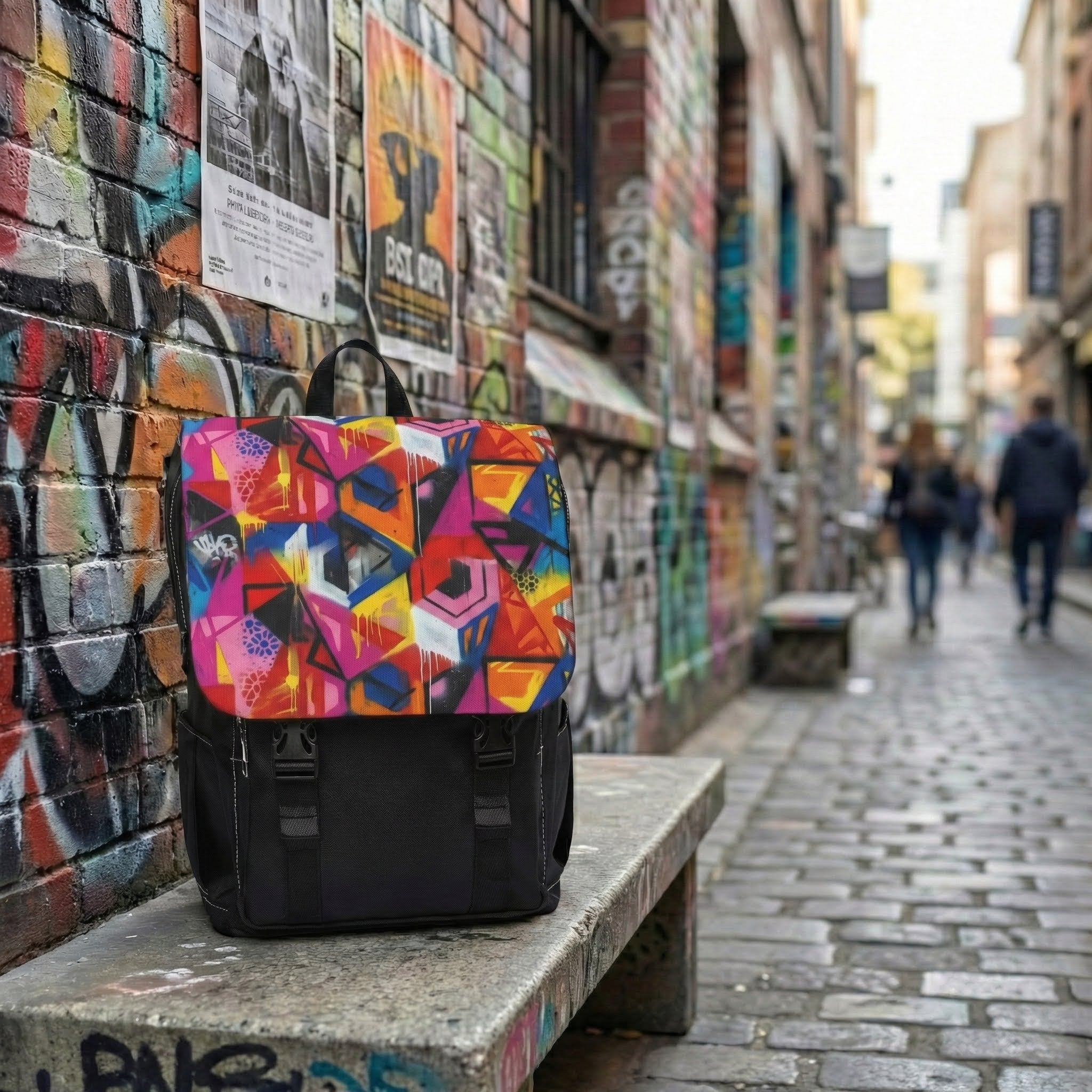 Graffiti Geo Print Backpack — Colorful Urban Shoulder Bag