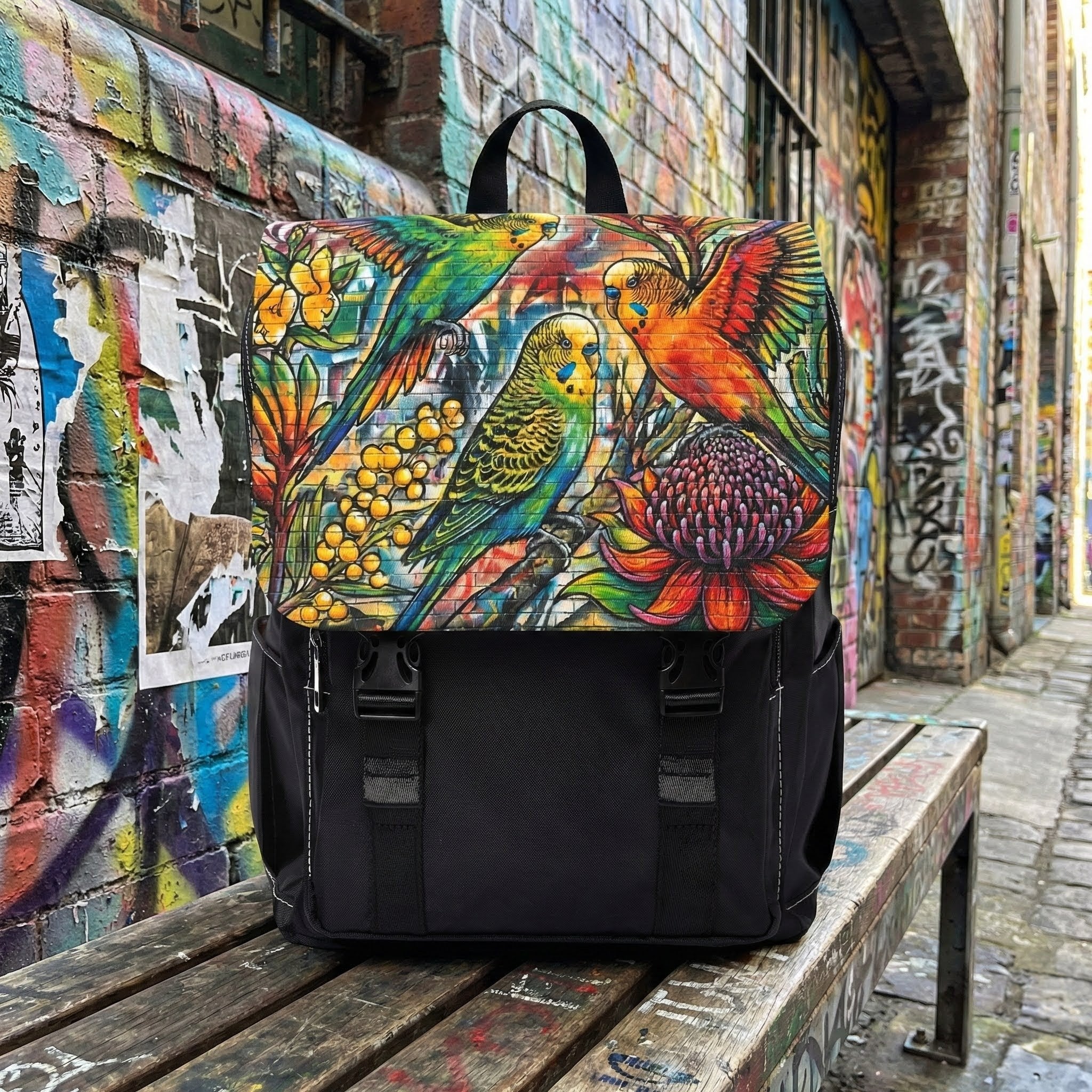 Colorful Budgie Graffiti Art Backpack — Vibrant Urban Shoulder Bag