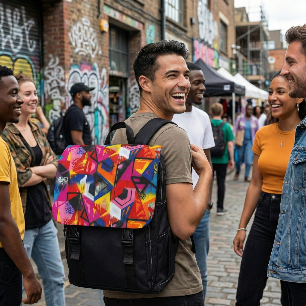 Graffiti Geo Print Backpack — Colorful Urban Shoulder Bag
