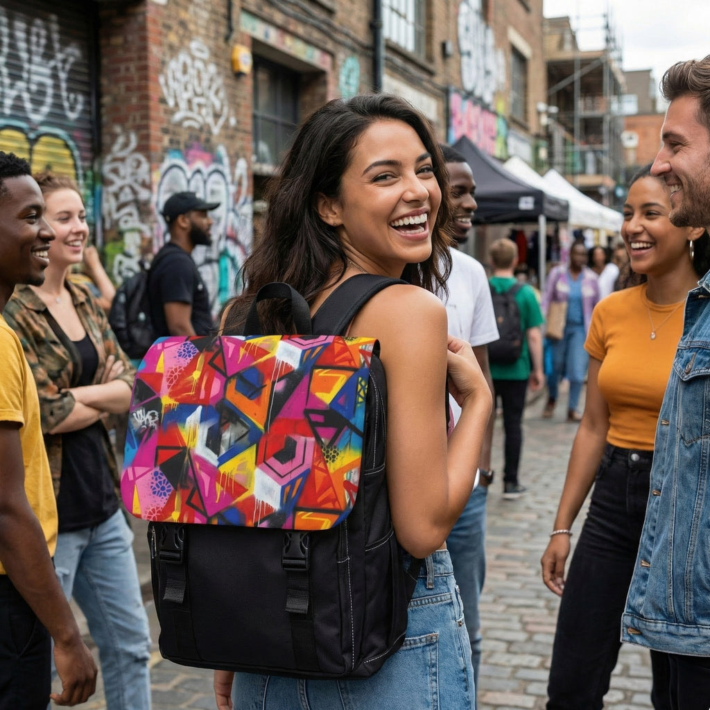 Graffiti Geo Print Backpack — Colorful Urban Shoulder Bag