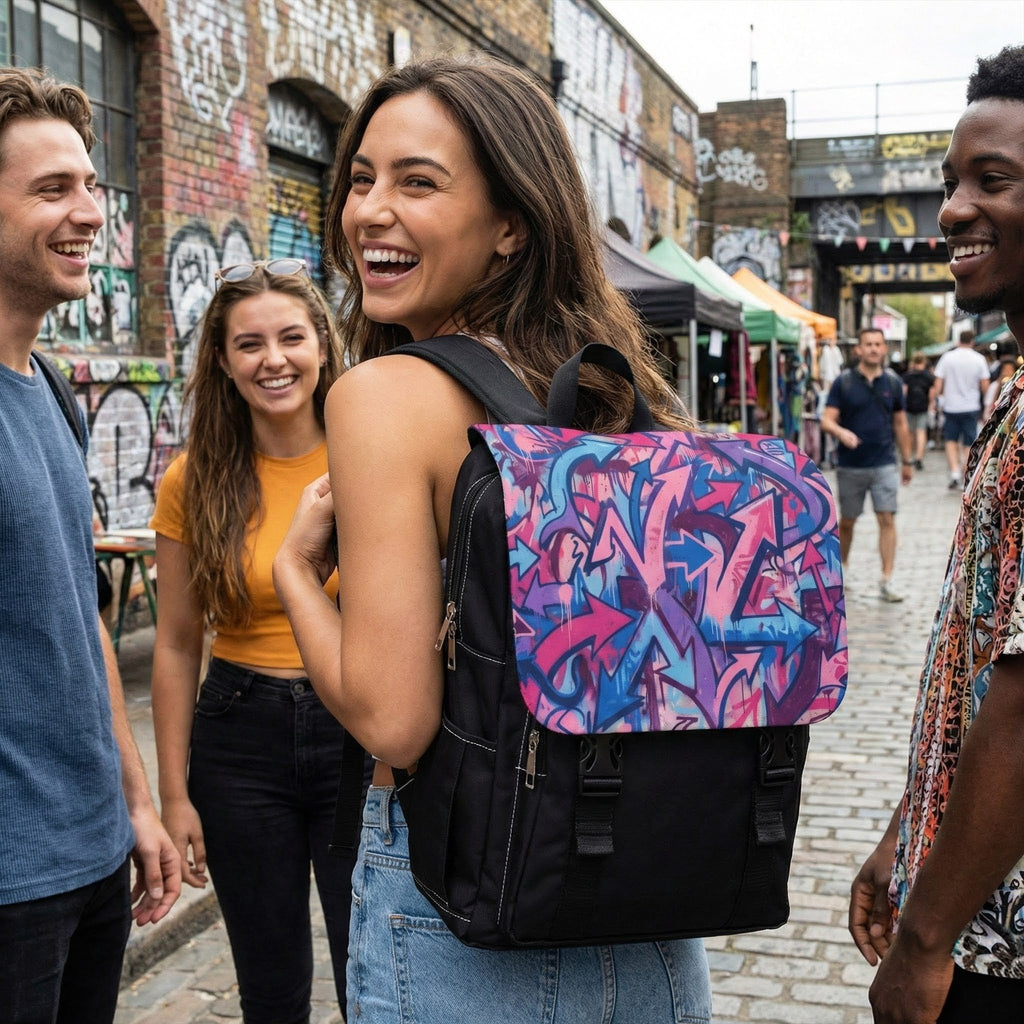 Graffiti Arrow Backpack — Colorful Urban Casual Shoulder Pack