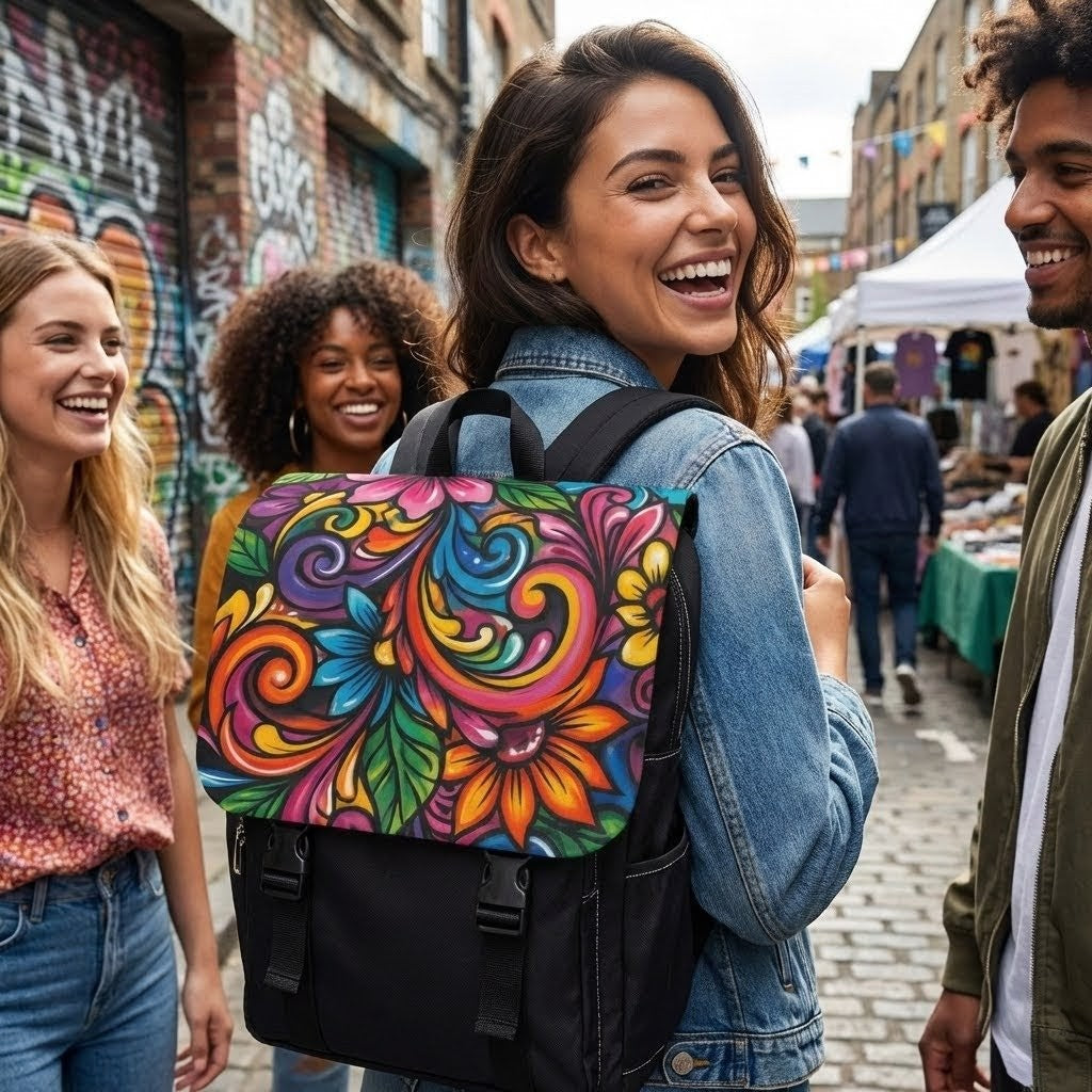 Floral Boho Backpack — Colorful Hand-Painted Flower Shoulder Bag