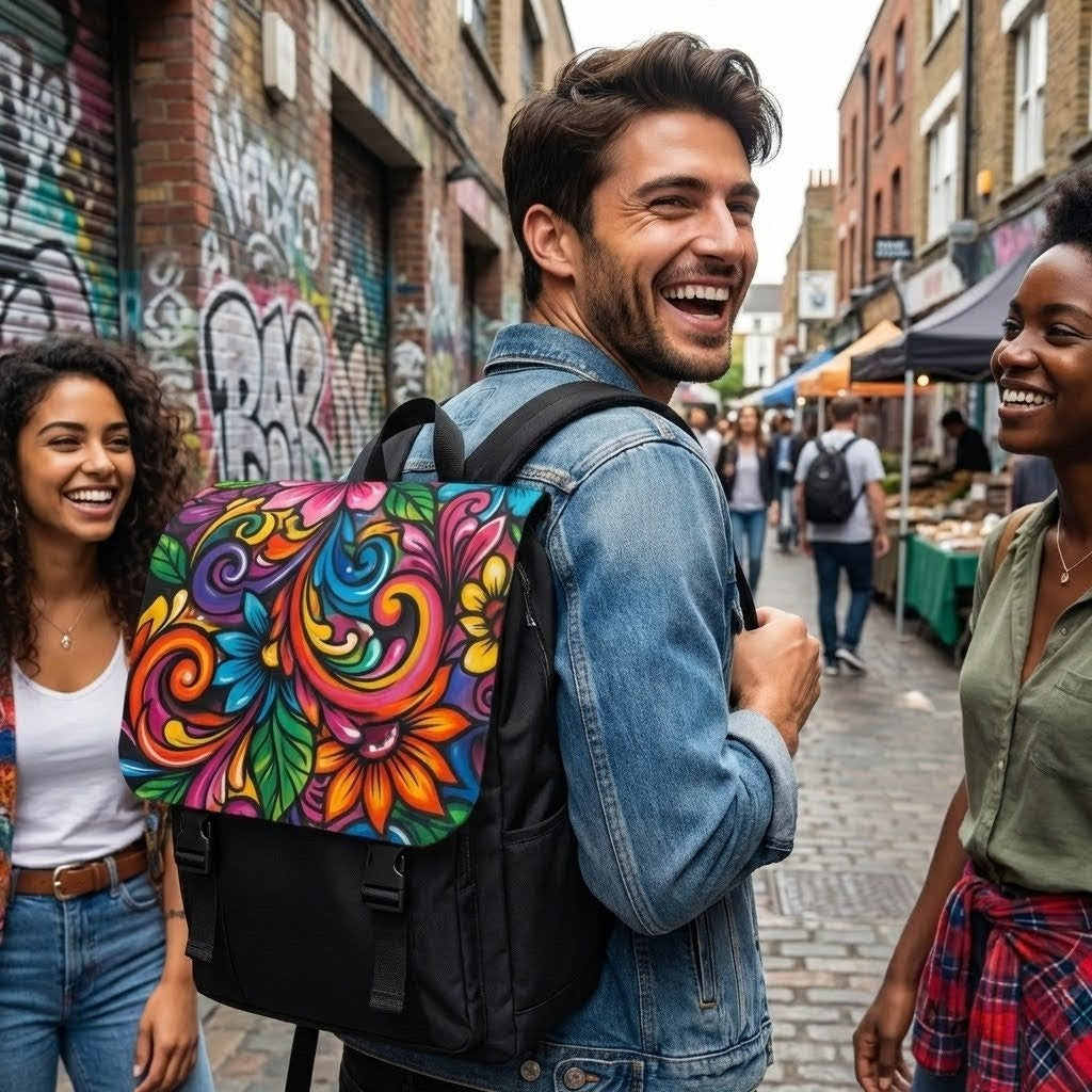 Floral Boho Backpack — Colorful Hand-Painted Flower Shoulder Bag
