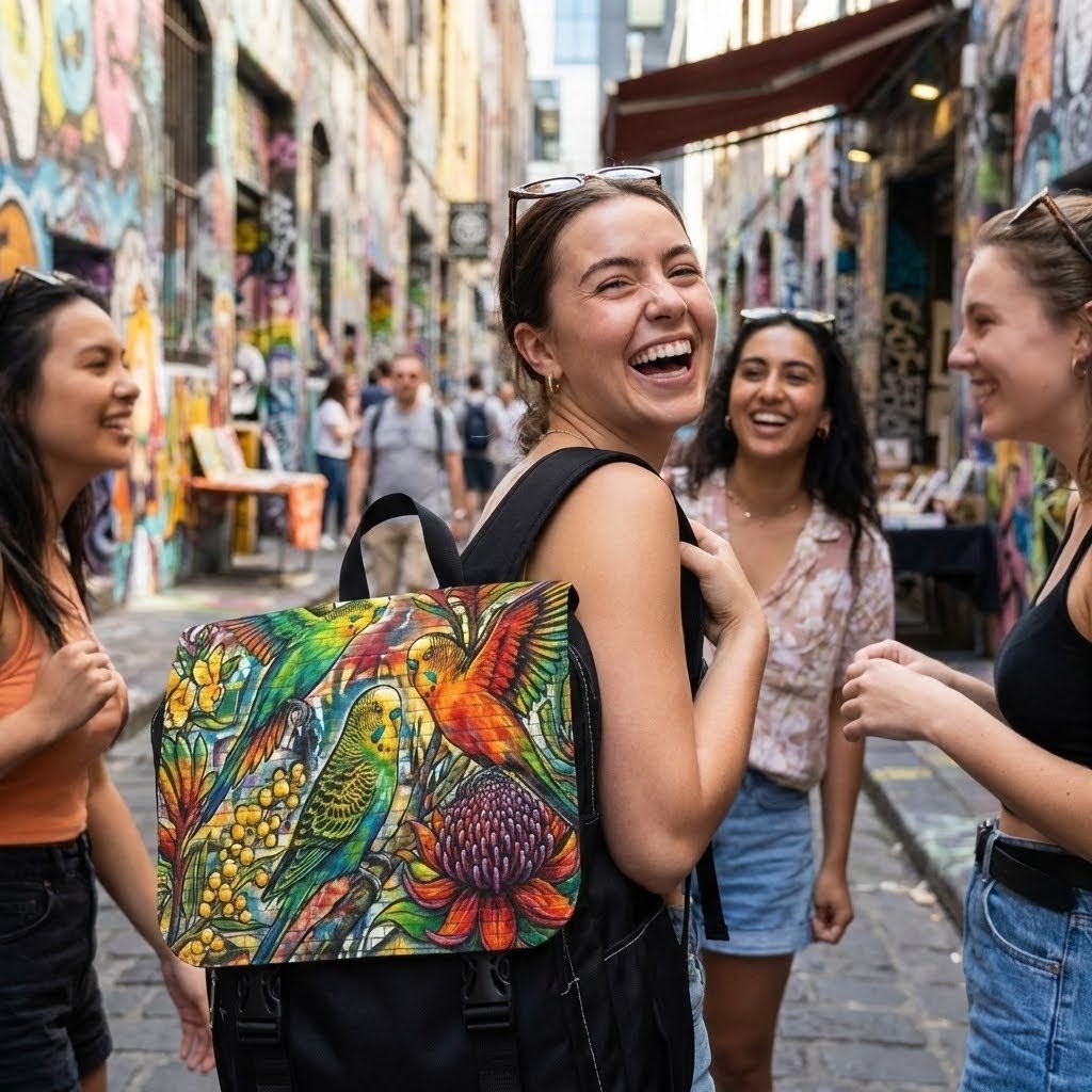 Colorful Budgie Graffiti Art Backpack — Vibrant Urban Shoulder Bag