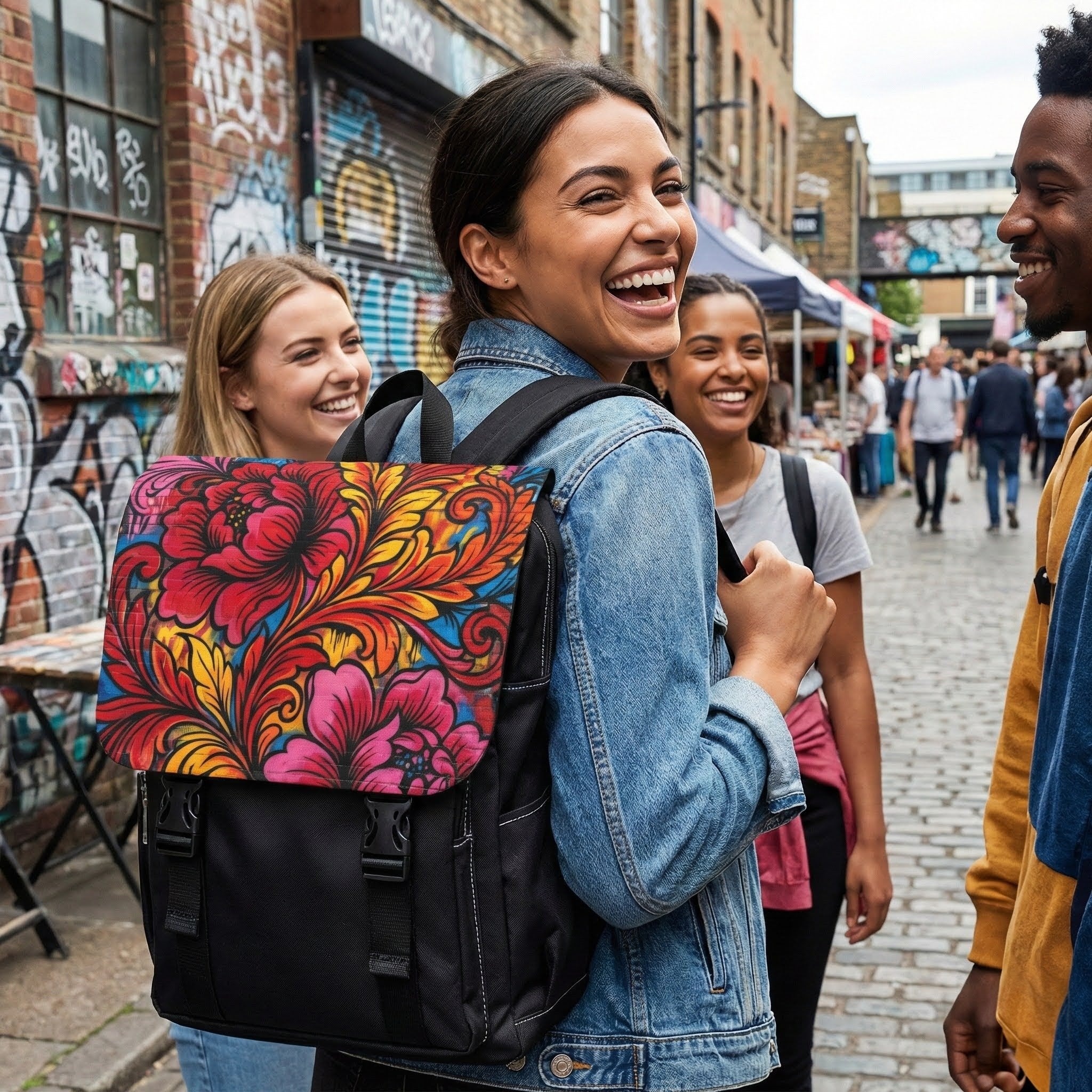 Floral Boho Backpack — Colorful Hand-Painted Flower Shoulder Bag