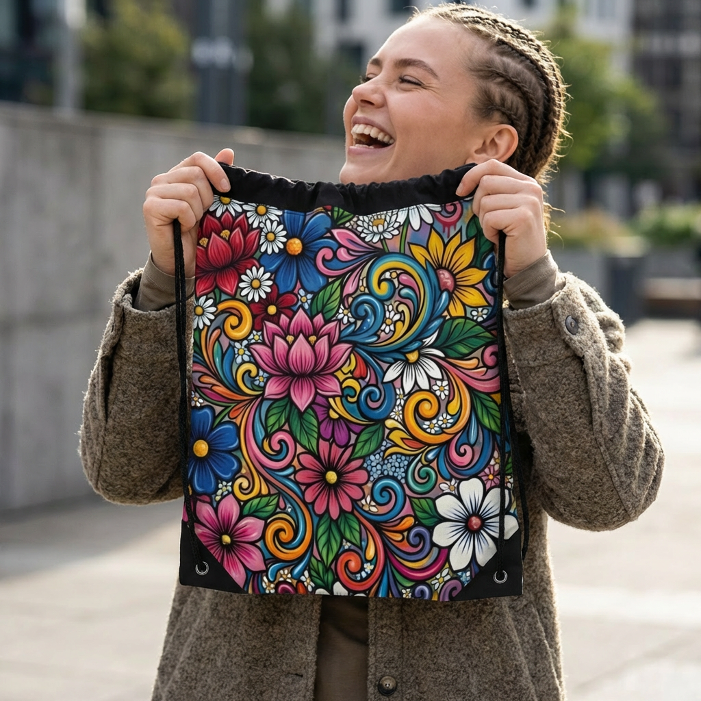Colorful Floral Swirl Drawstring Bag | Boho Flowal Design Backpack