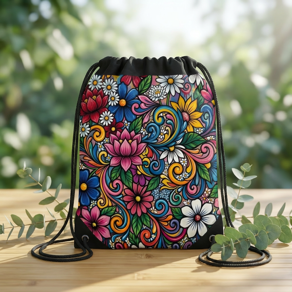 Colorful Floral Swirl Drawstring Bag | Boho Flowal Design Backpack