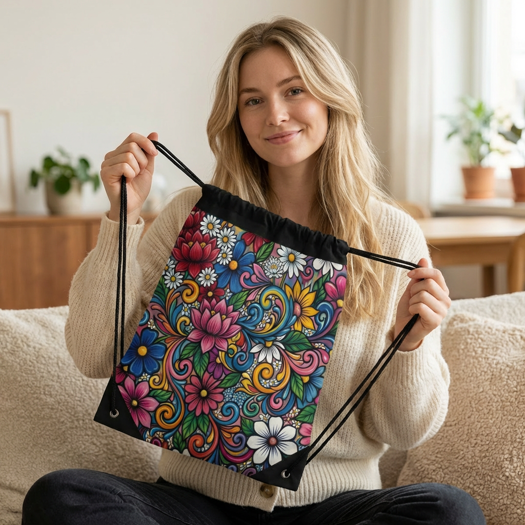 Colorful Floral Swirl Drawstring Bag | Boho Flowal Design Backpack