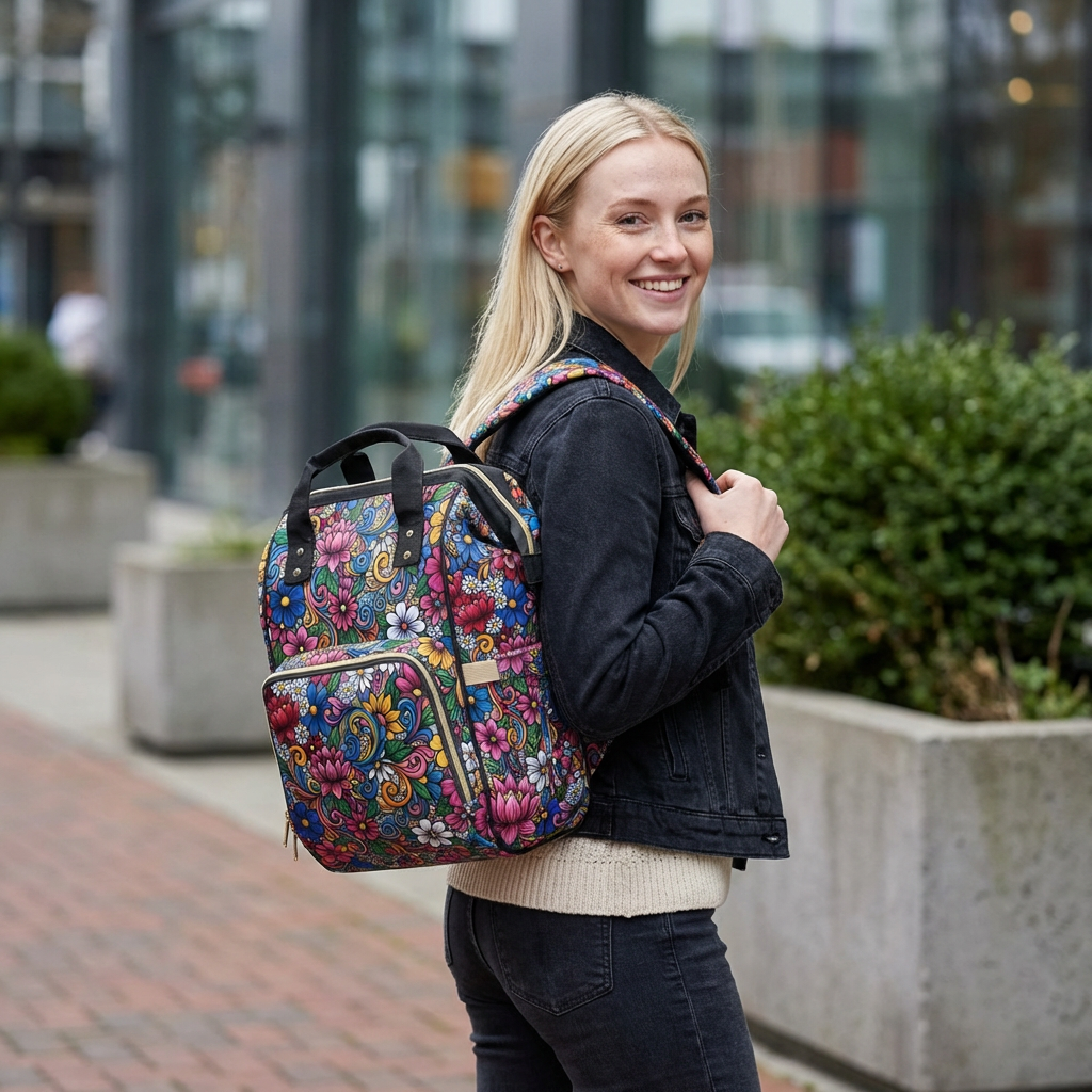 Colorful Floral Swirl Multifunctional Diaper Backpack | Floral Baby Bag
