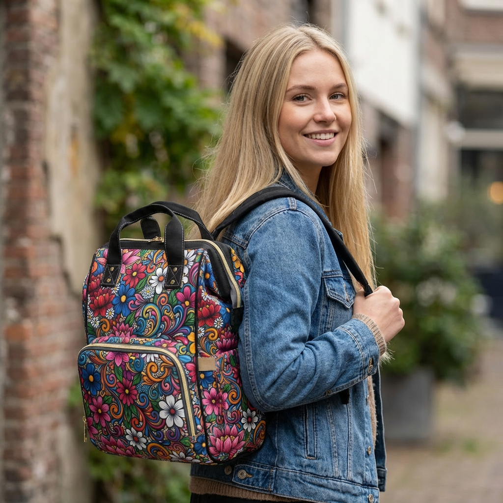 Colorful Floral Swirl Multifunctional Diaper Backpack | Floral Baby Bag