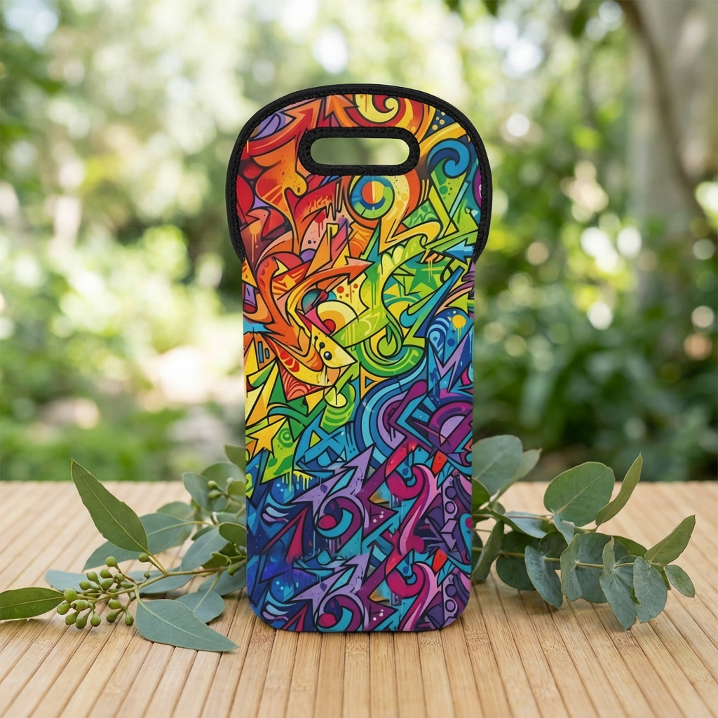 Rainbow Graffiti Wine Tote | Colorful Abstract Bottle Carrier