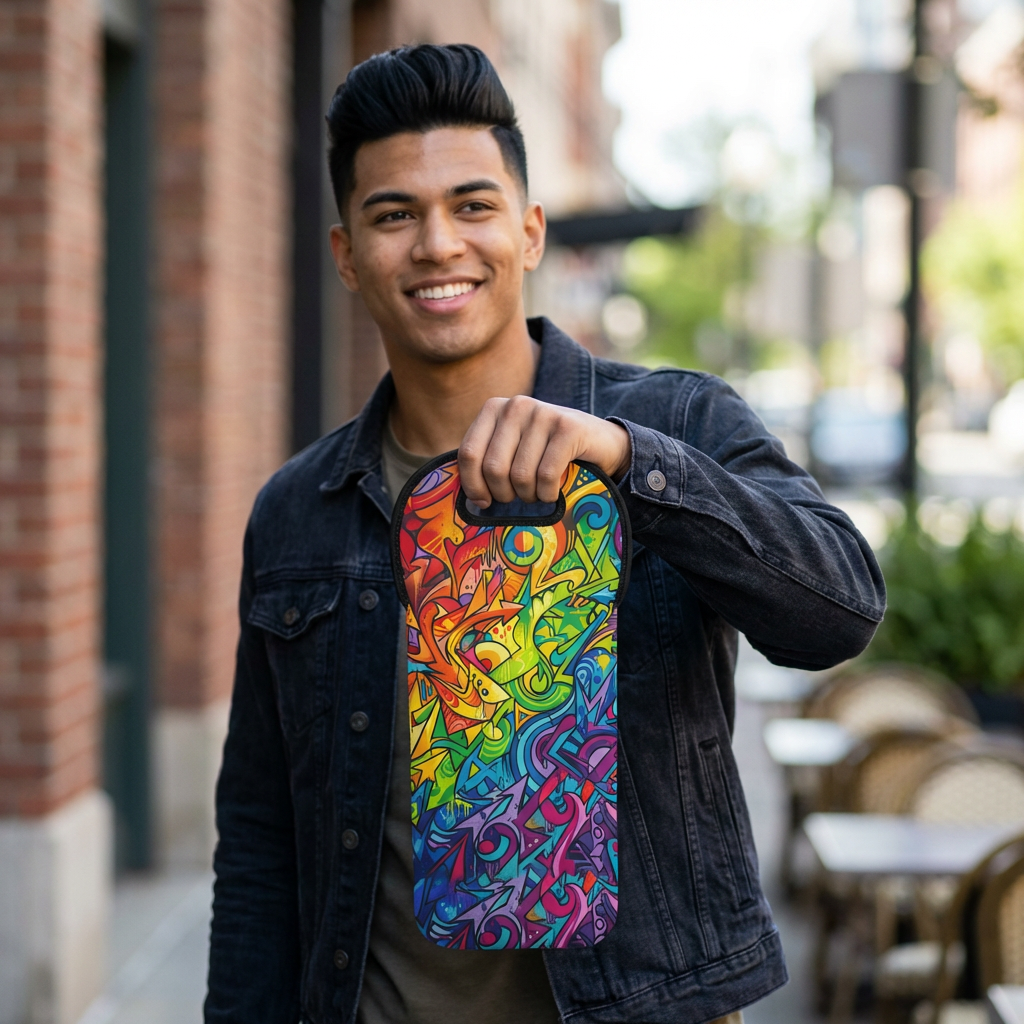 Rainbow Graffiti Wine Tote | Colorful Abstract Bottle Carrier