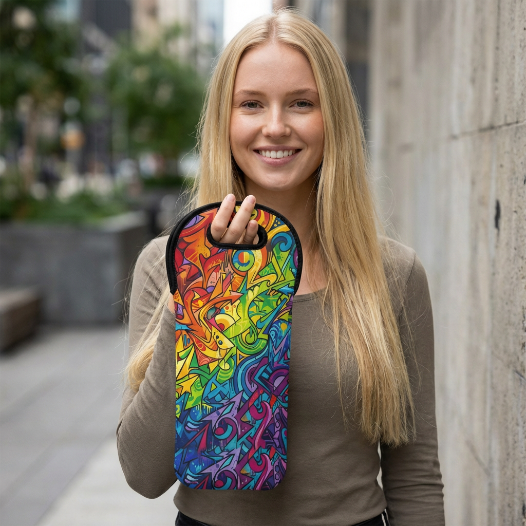 Rainbow Graffiti Wine Tote | Colorful Abstract Bottle Carrier