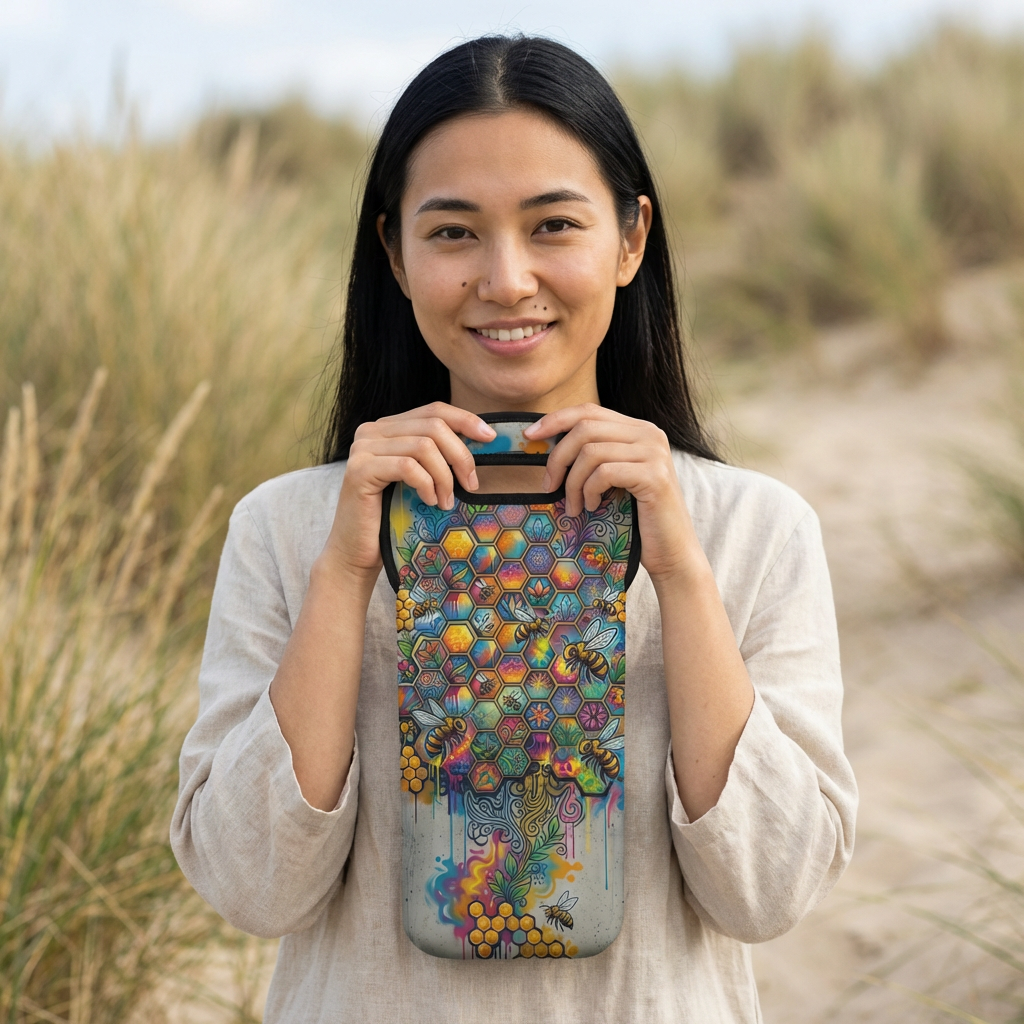 Colorful Honeycomb Bee Tree Wine Tote Bag | Neoprene Bottle Carrier