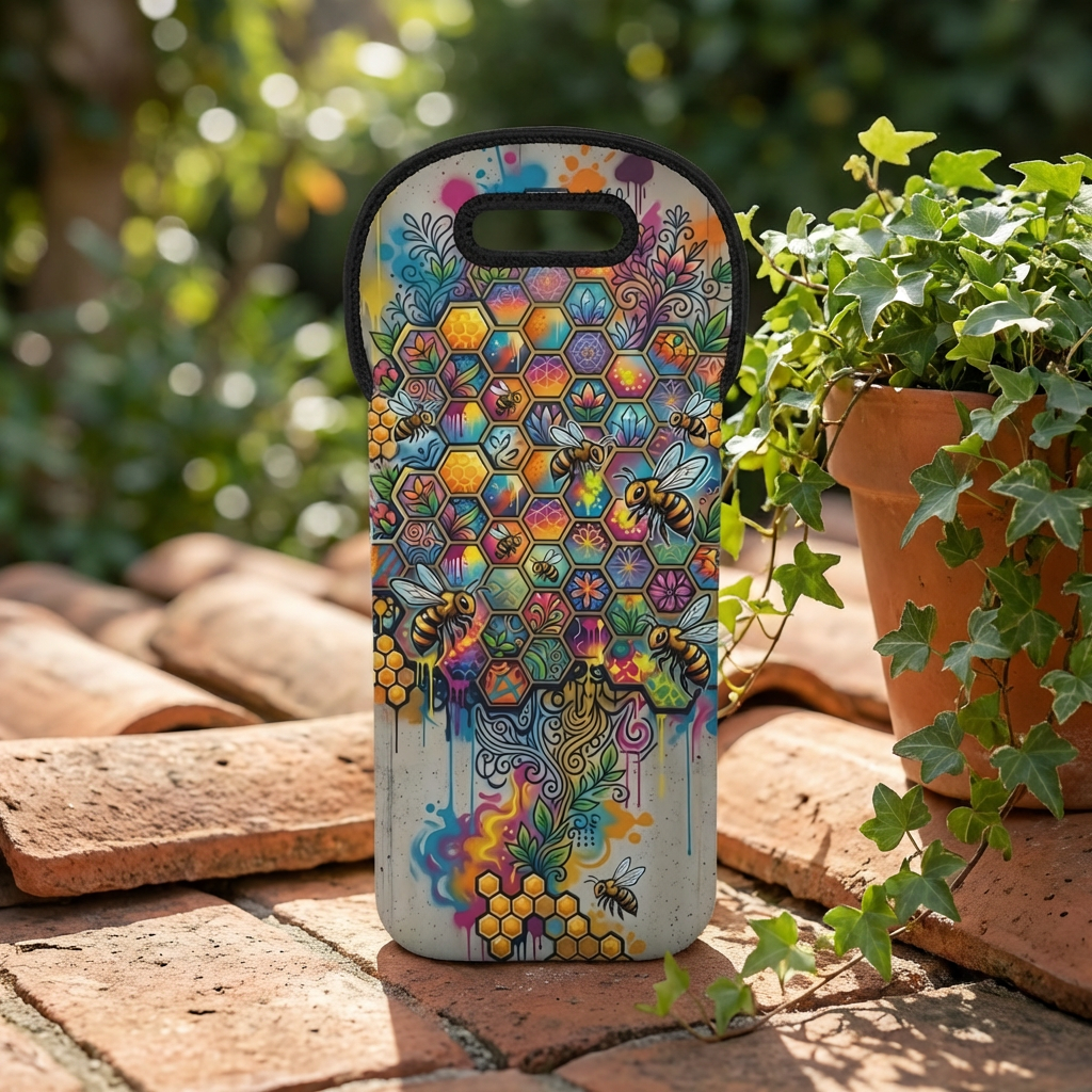 Colorful Honeycomb Bee Tree Wine Tote Bag | Neoprene Bottle Carrier