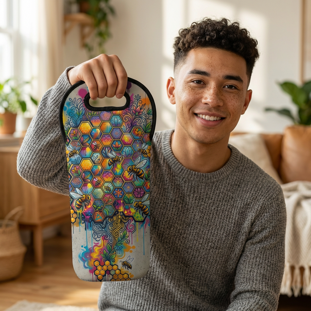 Colorful Honeycomb Bee Tree Wine Tote Bag | Neoprene Bottle Carrier