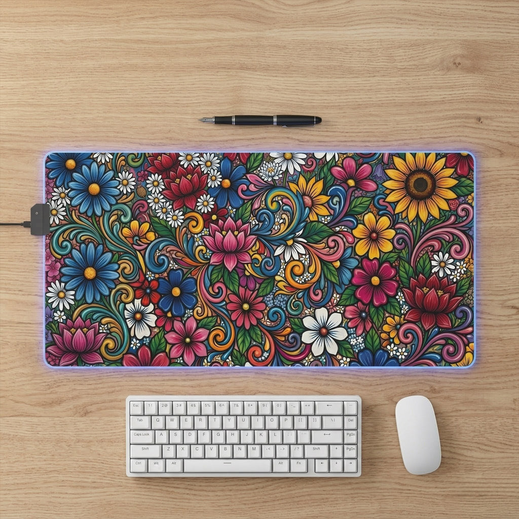 Vibrant Floral LED Mouse Pad | RGB Desk Mat, Colorful Flower Design