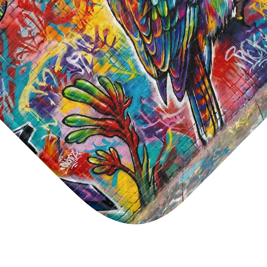 Colorful Graffiti Kookaburra Bath Mat — Vibrant Street Art Bird Bathroom Rug