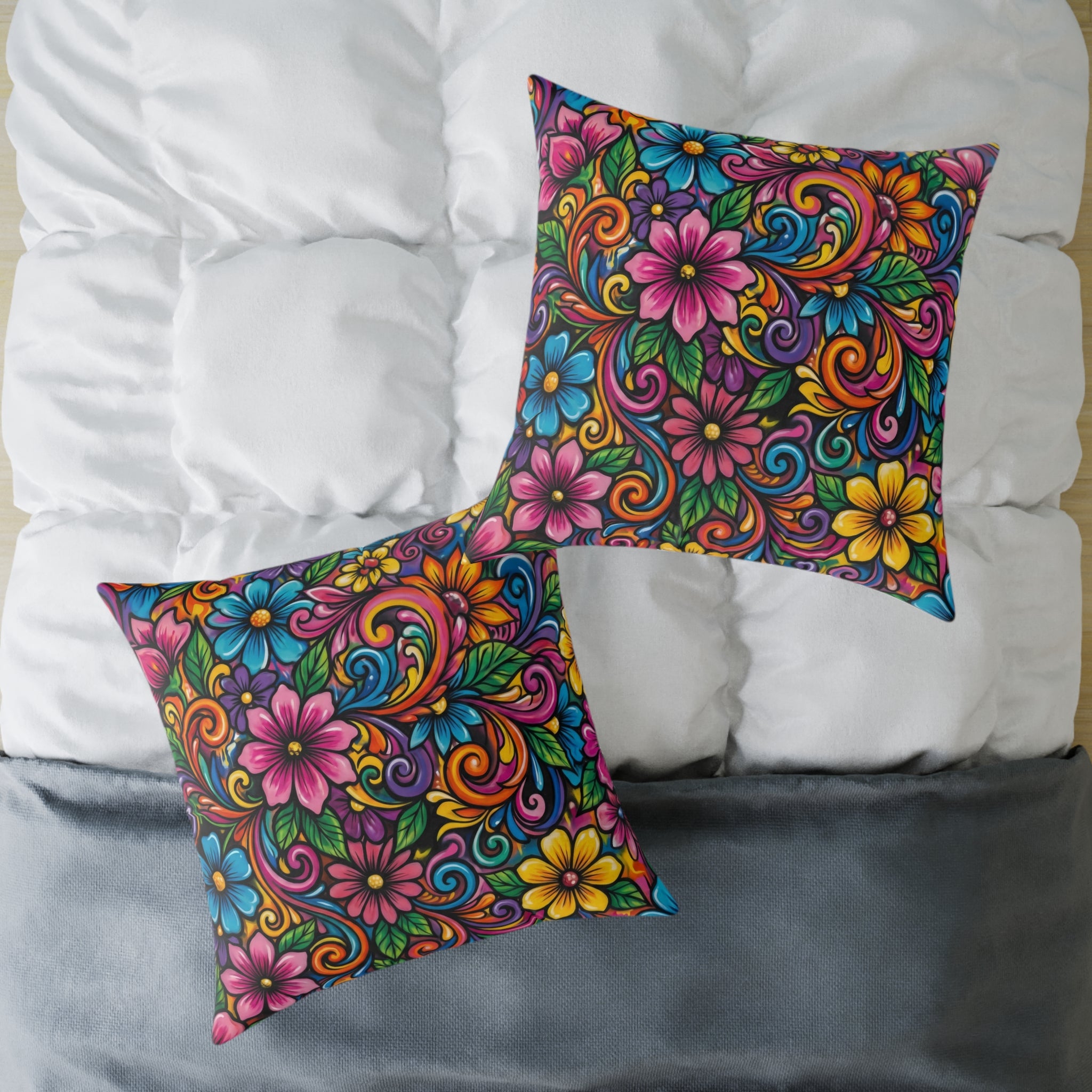 Floral Swirl Decorative Pillow — Colorful Boho Square Throw Cushion