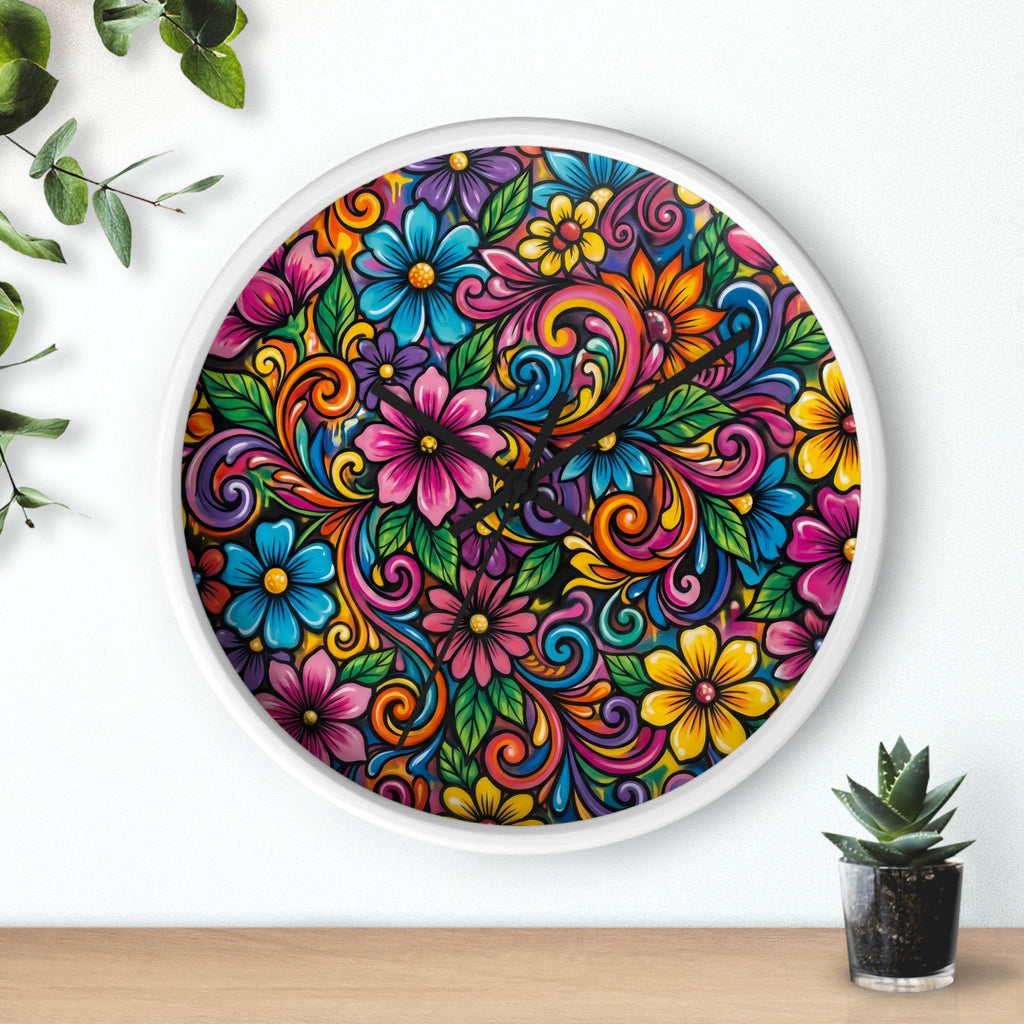 Colorful Floral Swirl Wall Clock — Vibrant Flower Art Timepiece