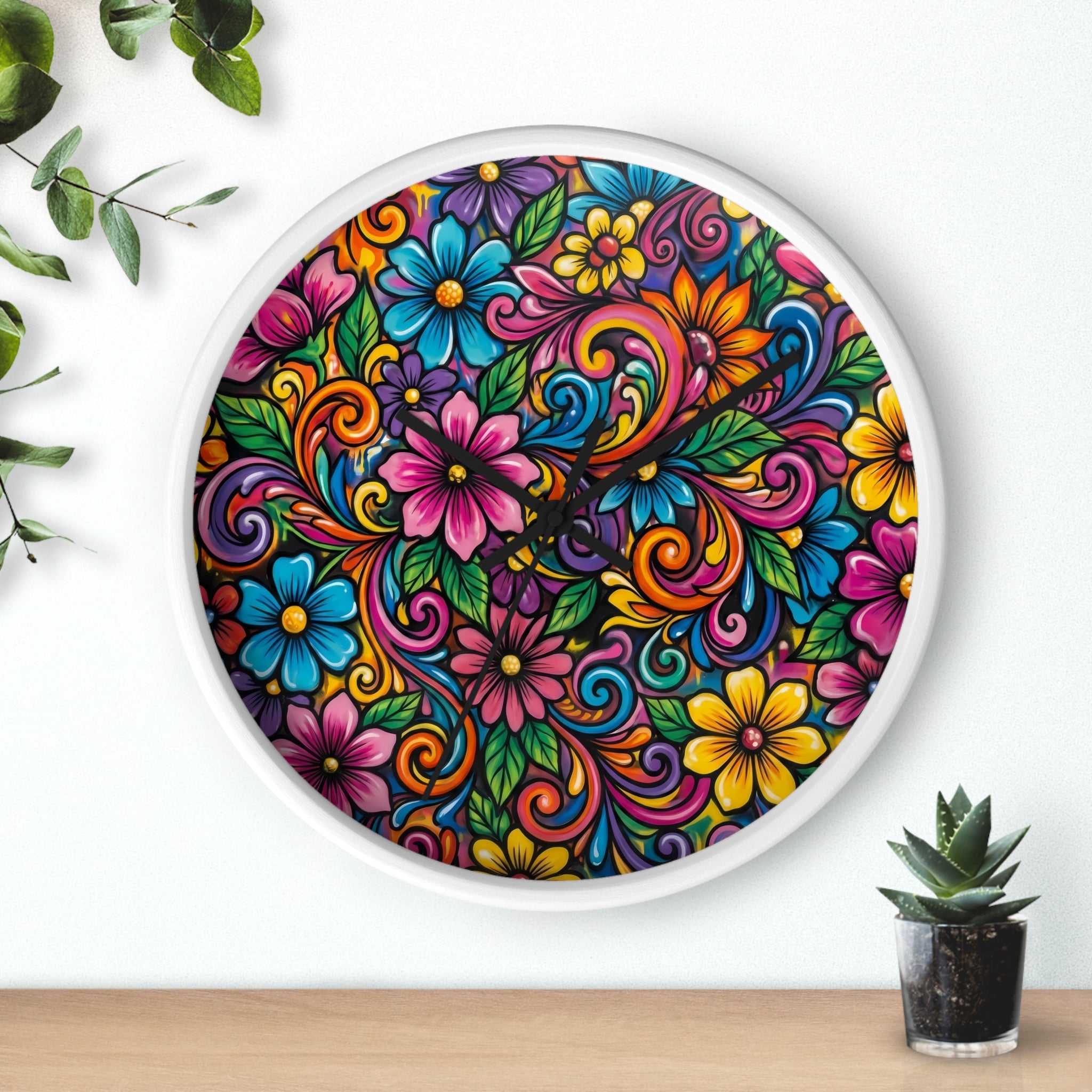 Colorful Floral Swirl Wall Clock — Vibrant Flower Art Timepiece