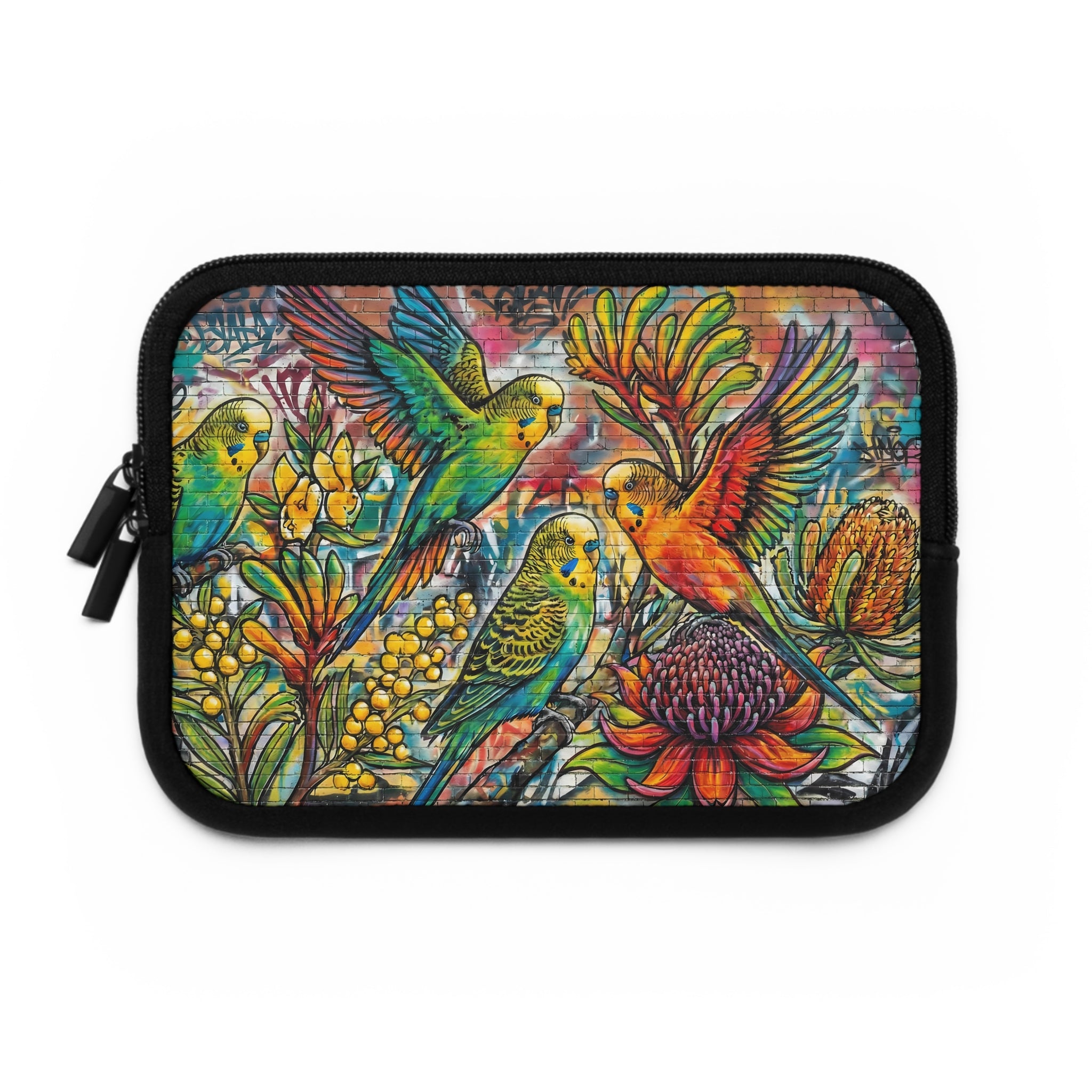 Colorful Budgie Wildflower Laptop Sleeve — Vibrant Bird Art Sleeve